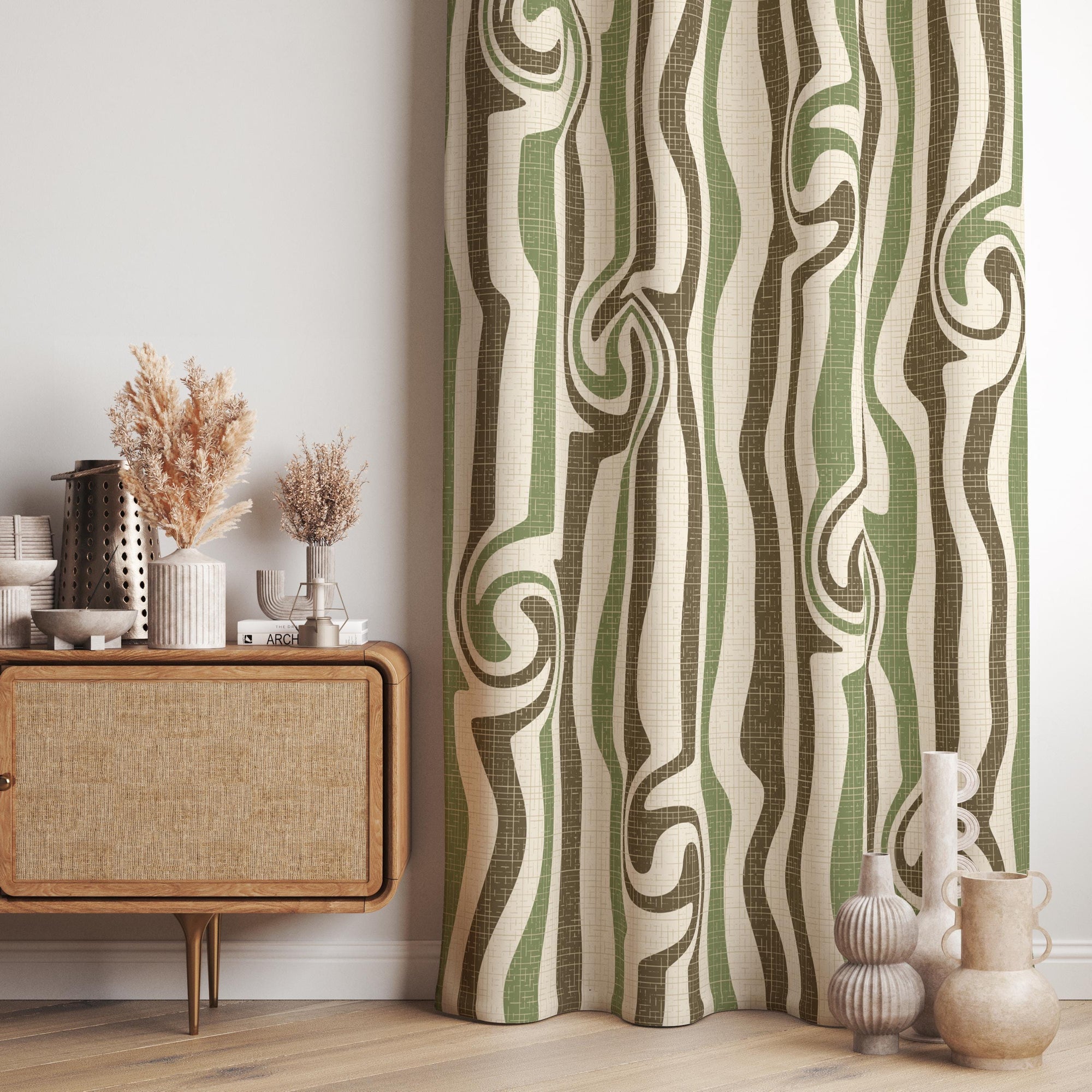 Wavy Retro Curtain Panel, Olive Green Boho Drapes, Modern Abstract Window Panels, Earthy Mid Century Style Curtain