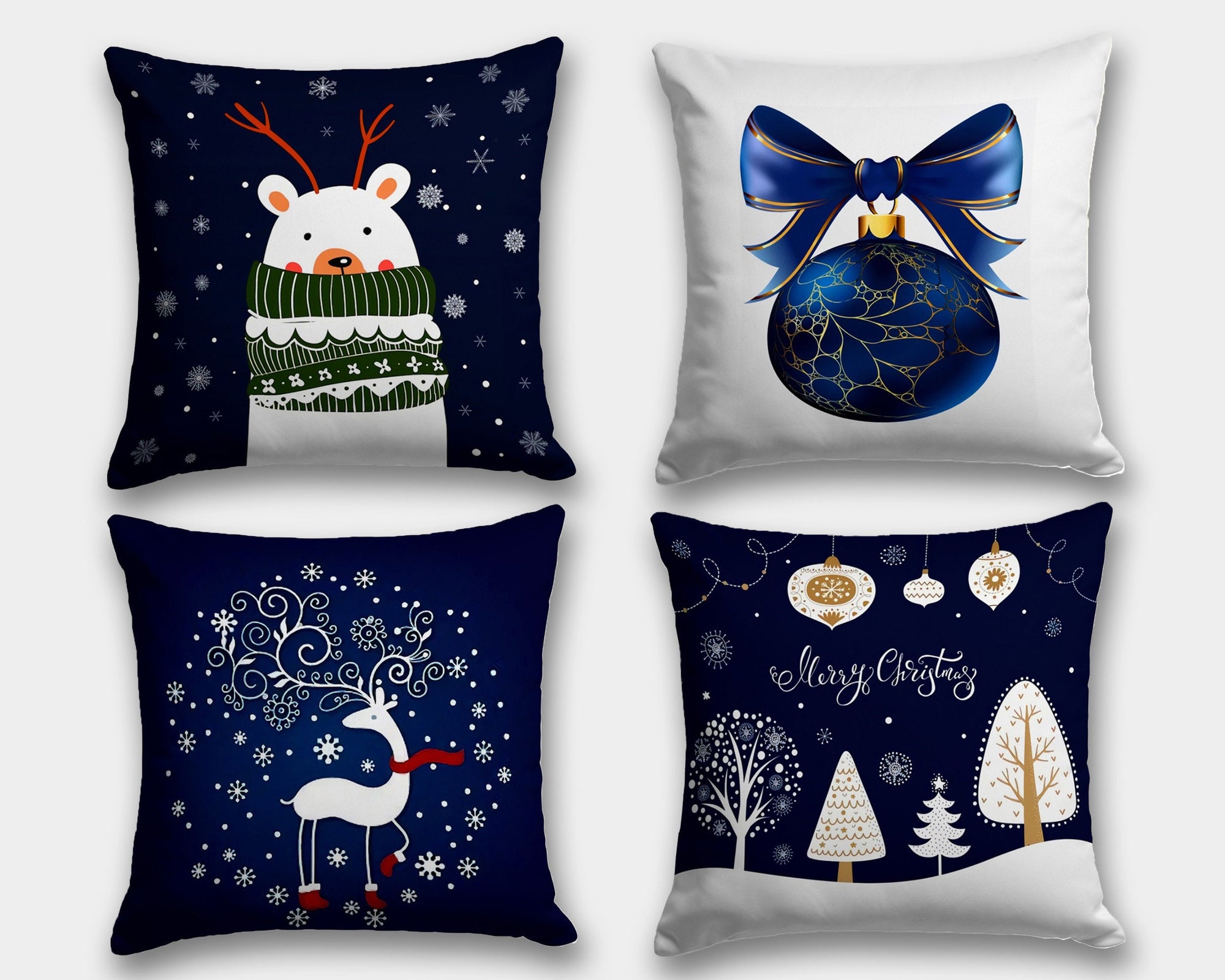 Merry Christmas Pillowcase, Holly Cute Animals Pillow Cover, Christmas Deer Cushion Cover, Blue Winter Cute Animals Xmas Pillow Cover