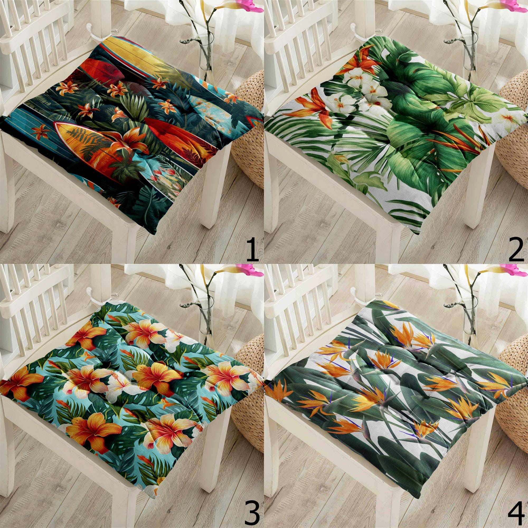 Tropical Floral Chair Cushions, Hawaiian Leaf Seat Pad Covers, Exotic Summer Patio Pillows, Botanical Island Decor Chair Pads