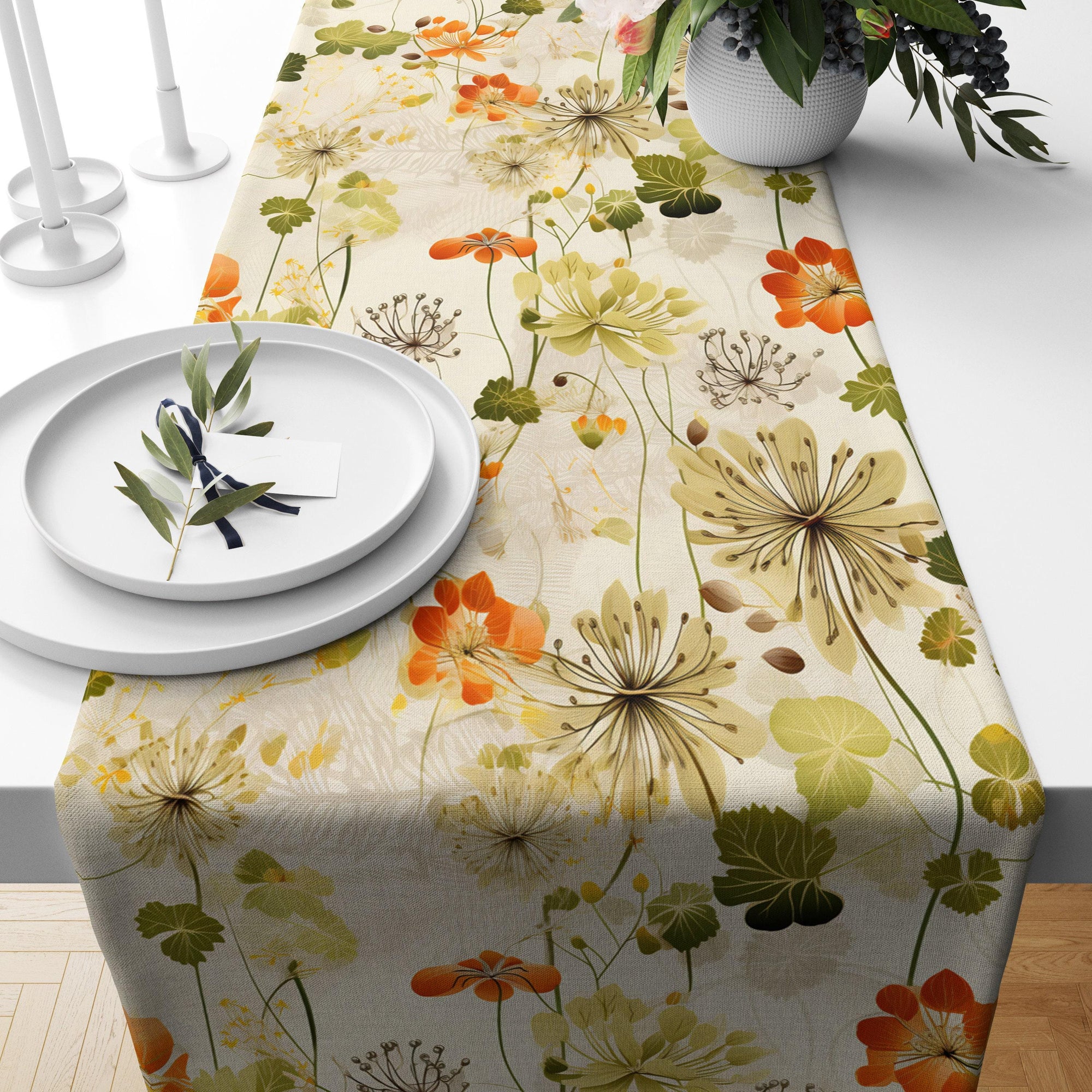 Floral Table Runner, Flowers Print Table Runner, Wildflovers Table Runners, Purple Table Runner, Print Floral Table Runner