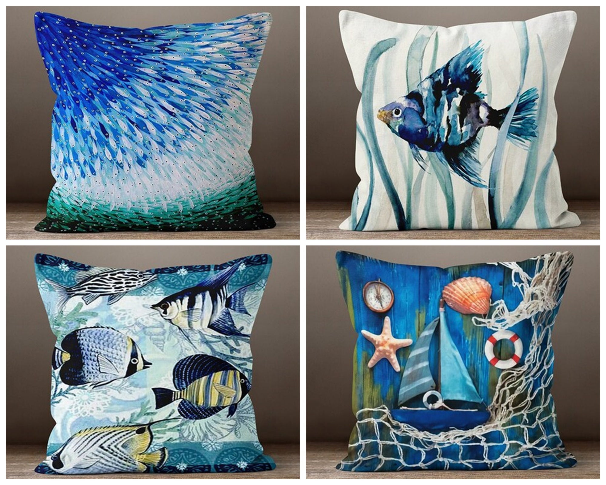 Nautical Pillow Case, Ocean Pillow Cover, Coastal Sea Life Home Decor, Nautical Yatch Decor Pillow Covers, Fish Cushion Cover