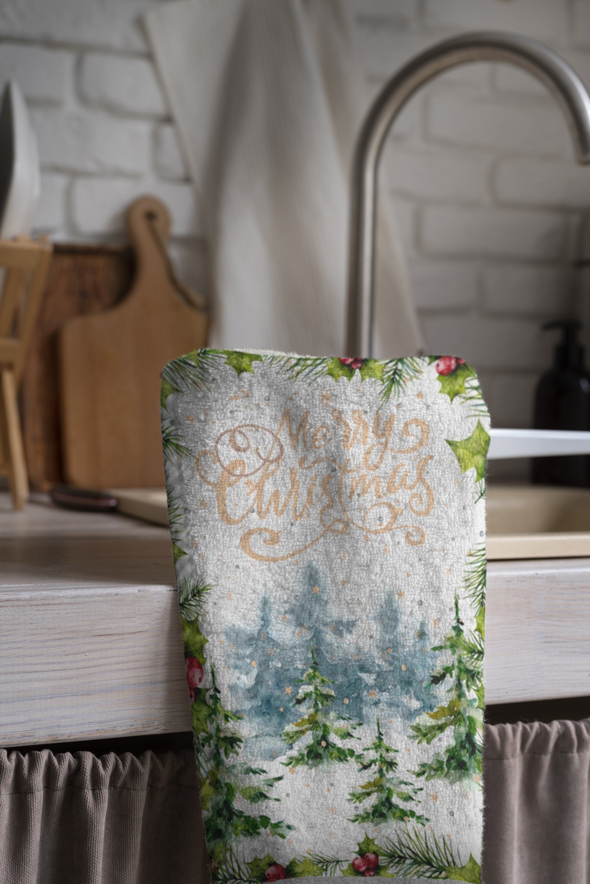 Christmas Tea Towels, Xmas Tea Towel, Christmas Kitchen Towels, Holly Kitchen Hand Towel, Christmas Kitchen Table Decor Tea Towel