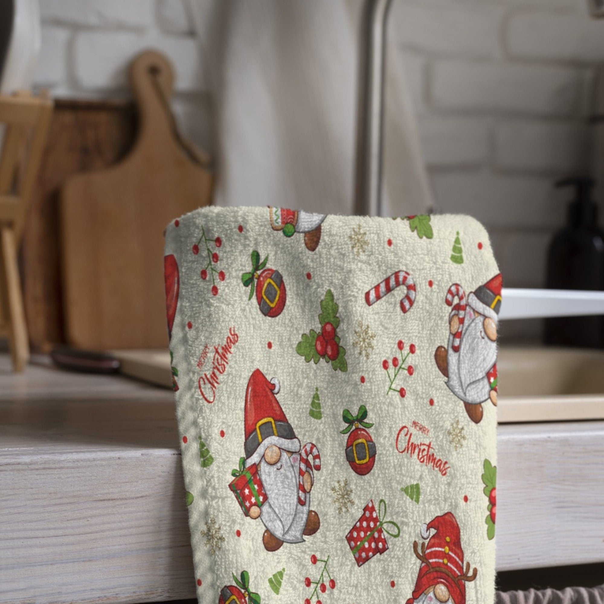 Cute Christmas Tea Towels, Xmas Gnomes Dish Towel, Christmas Cute Gnome Dish Towel, Holly Gnome Hand Towel, Christmas Kitchen Towel