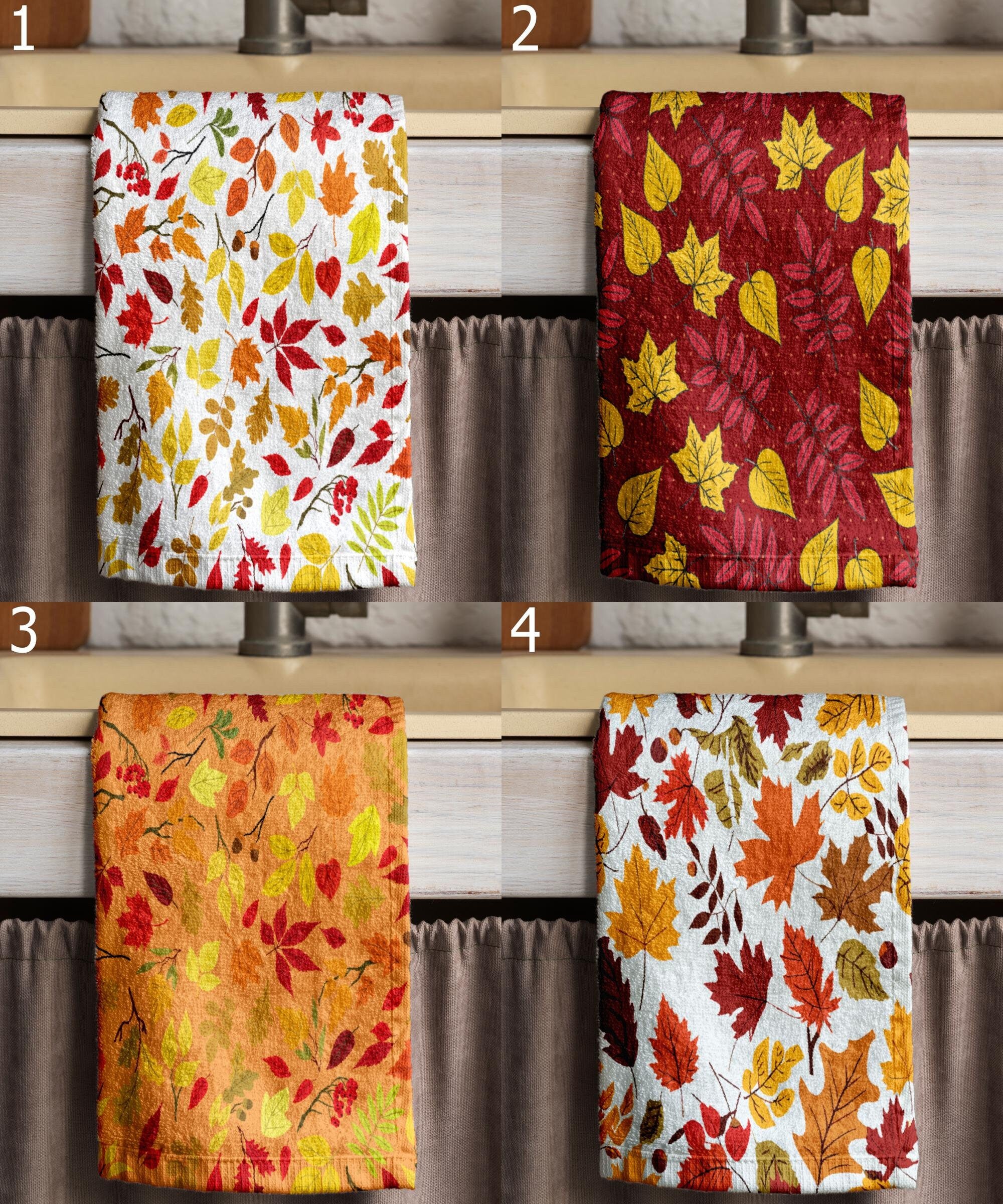 Autumn Leaves Tea Towels, Maple Leaves Kitchen Towels, Thanksgiving Hand Towel, Rustic Fall Leaves Kitchen Decor