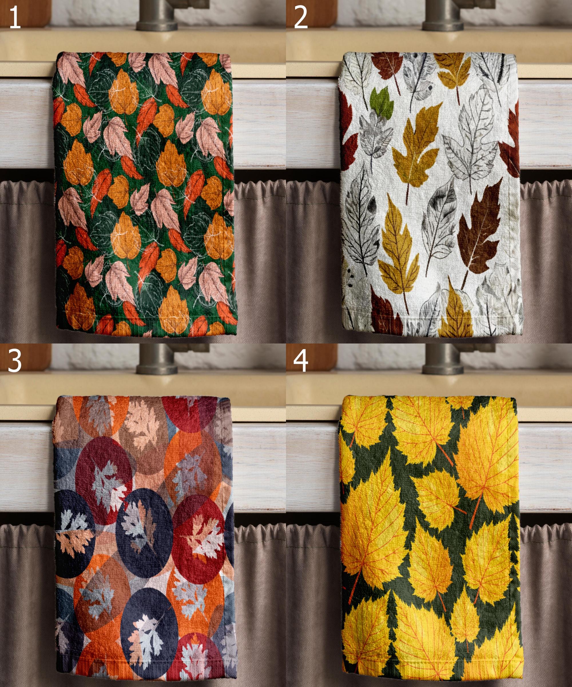 Maple Leaf Tea Towels, Fall Leaf Tea Towels, Autumn Kitchen Towels, Thanksgiving Hand Towels, Cozy Fall Kitchen Decor