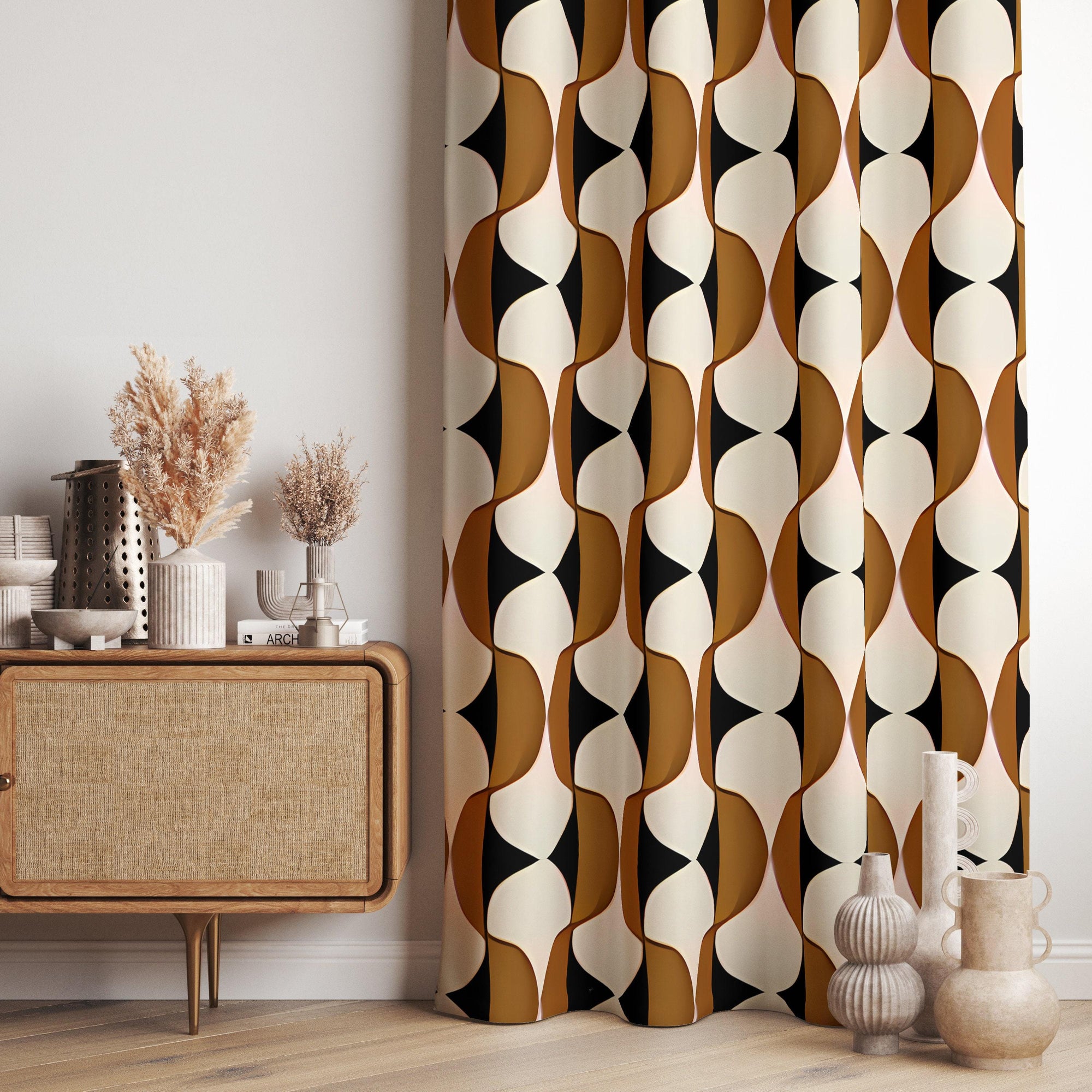Retro Vintage Geometric Drapes, Retro Blackout Curtains, Mid Century Grommet Curtain, 70s Brown Geometric Abstract Printed Curtain Panels