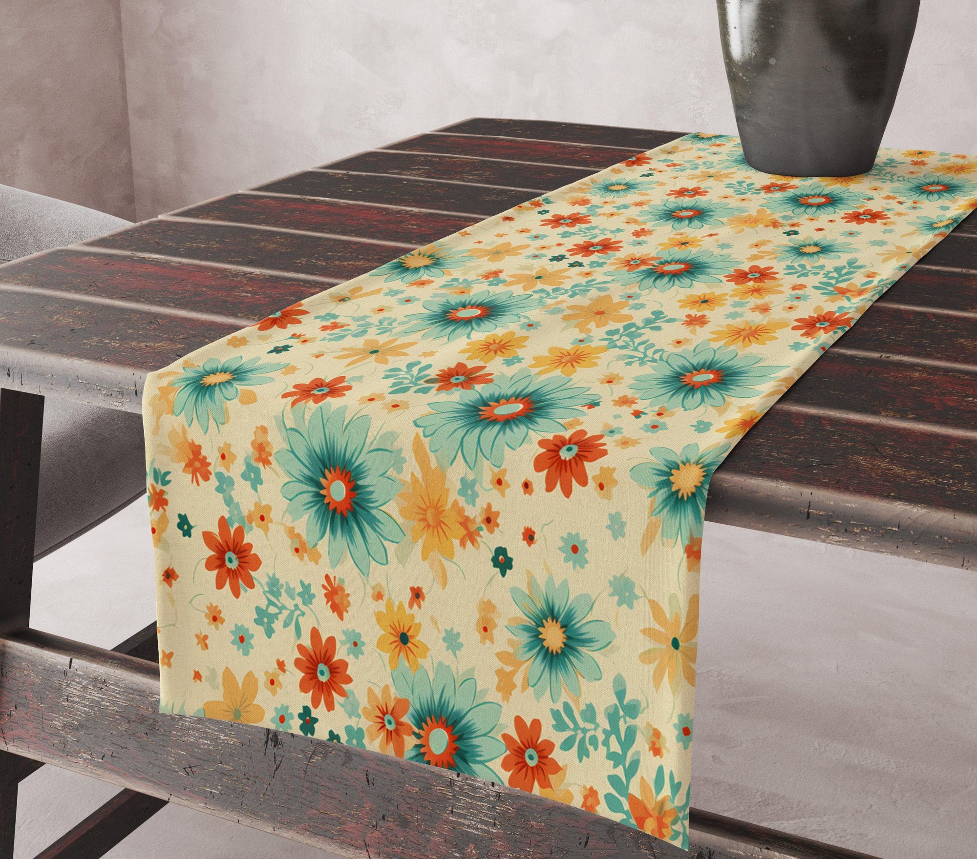 70s Flowers Table Runners, Retro Mid Century Modern Floral Table Runner, Retro Party Table Decor, Retro Floral Table Runner
