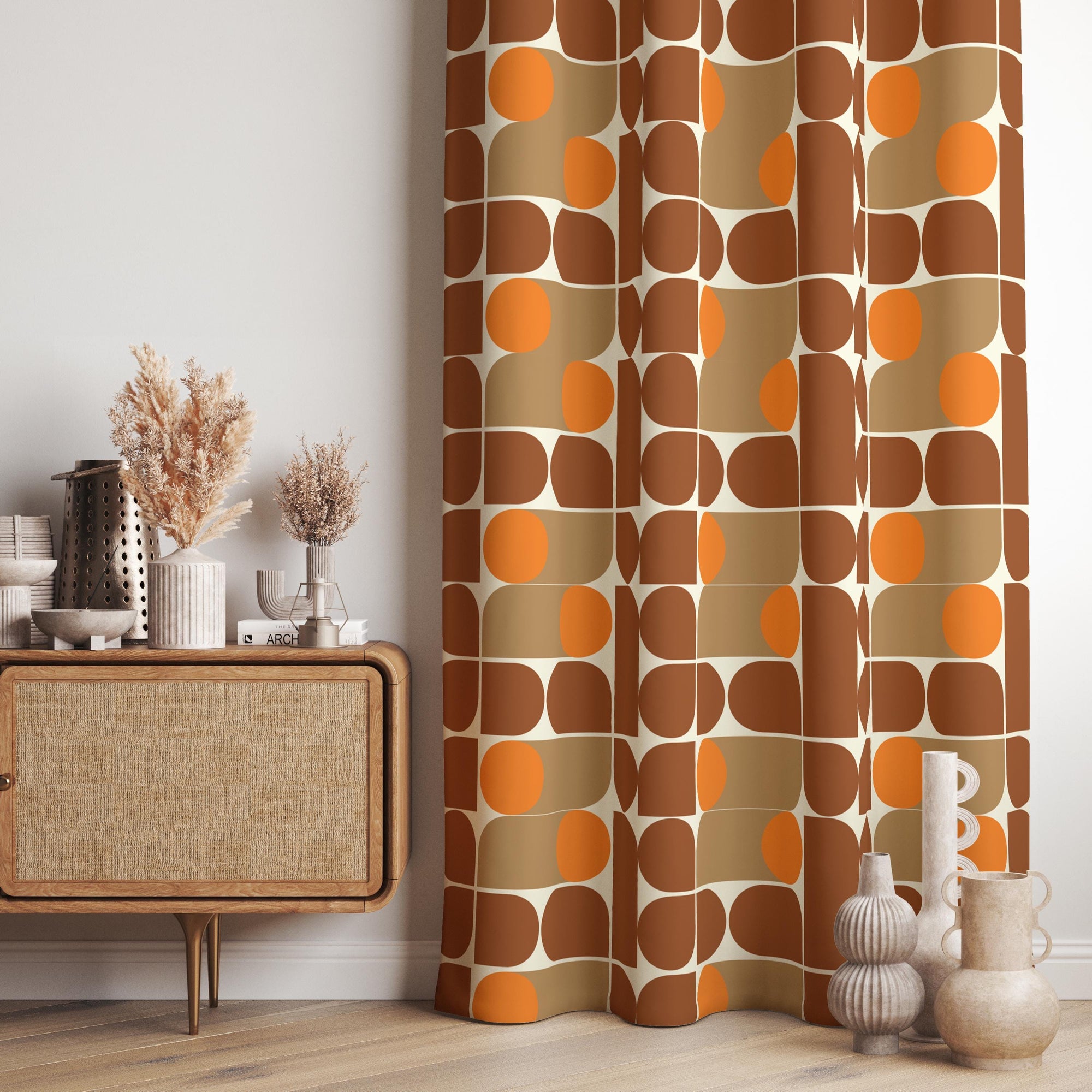 70s Orange Brown Window Curtain, Retro Bauhaus Curtains, Mid Century Style Panels, MCM Geometric Living Room Curtain, Bauhaus Curtains