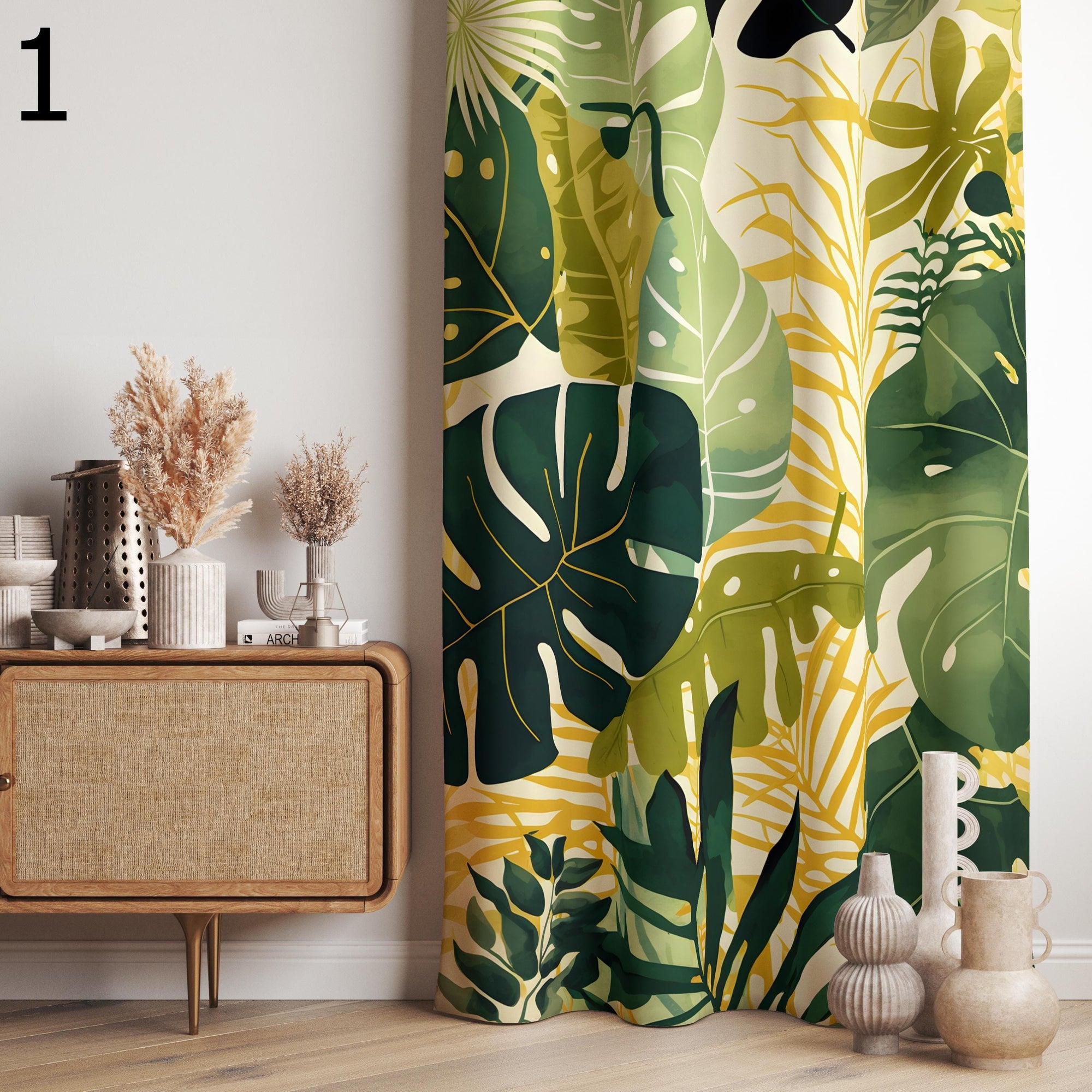 Tropical Leaves Printed Curtain Panels, Vintage Green Leaves Window Curtain, Botanical Printed Curtain, Boho Green Leaves Panel Curtain