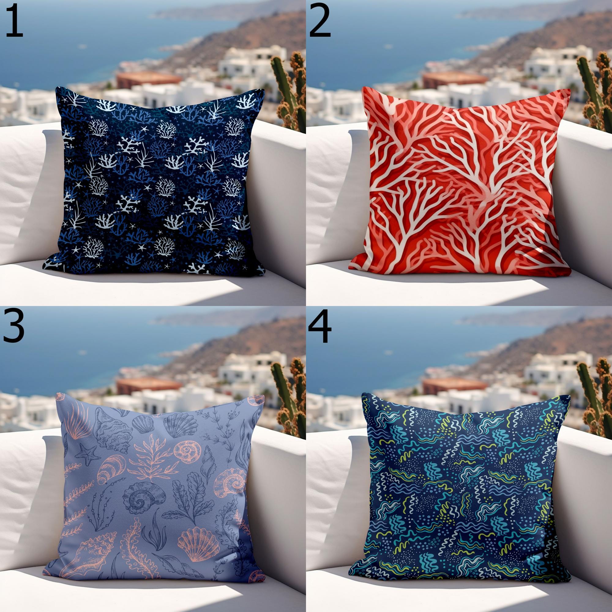 Waterproof Coral Cushion Cover, Nautical Outdoor Pillow Covers, Outdoor Sea Cratures Waterproof Pillowcase, Coastal Patio Cushion Covers