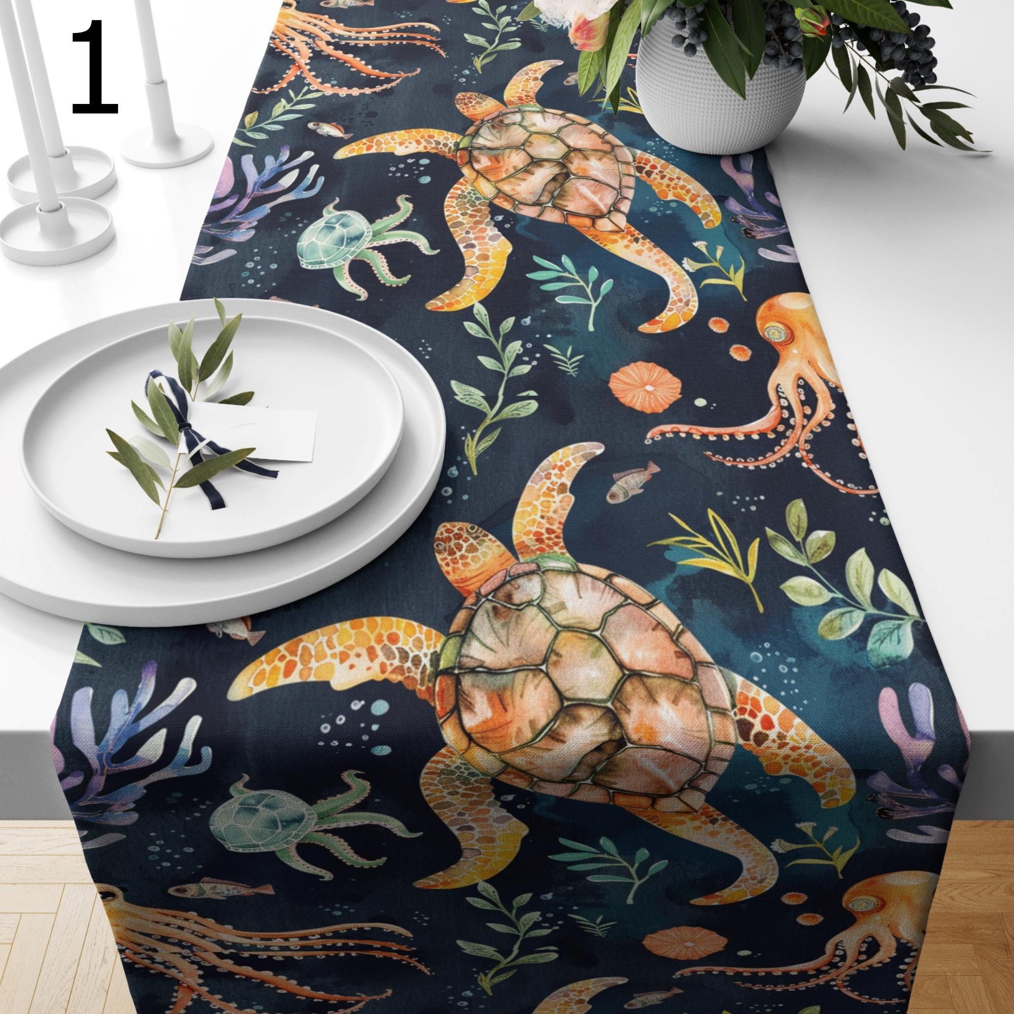 Nautical Animals Table Runner, Coastal Sea Turtle Table Runners, Coastal Elegance Runners, Octopus Table Runner, Beach House Dining Runners