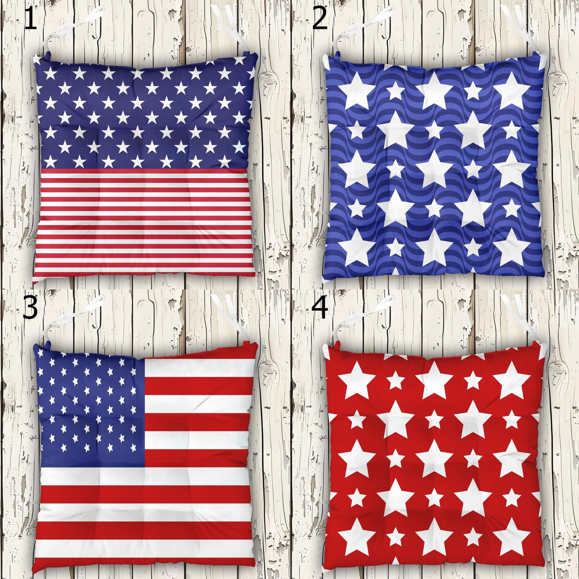 American Flag Stars Outdoor Indoor Chair Cushion With Ties, 4th July Tie-On Chair Pads, 4th July Seat Pads, Independence Day Chair Cushions