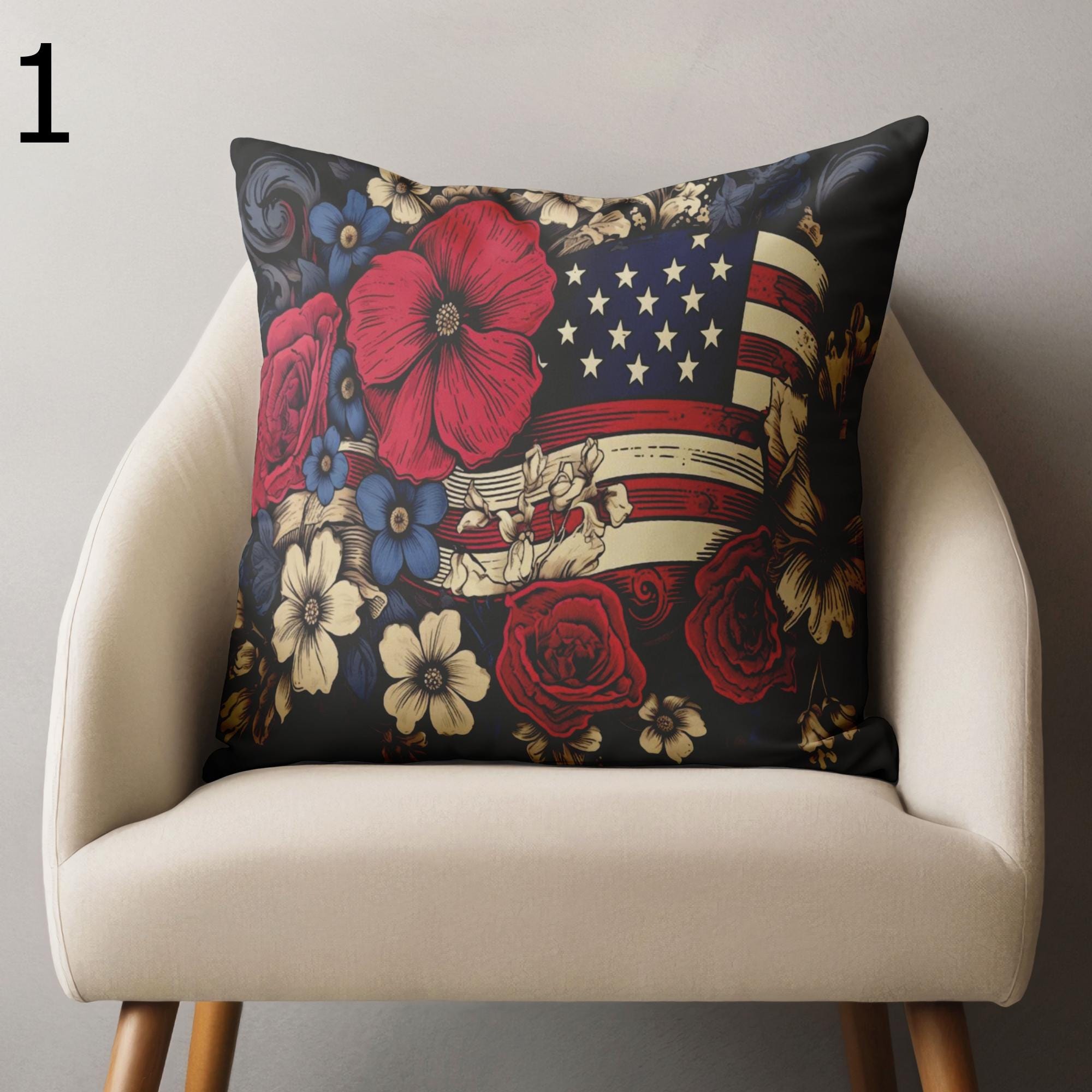 4th of July Outdoor Waterproof Pillow Covers, Patriotic Floral Indoor/Outdoor Throw Pillow Covers, Red White Blue Americana Cushion Cover