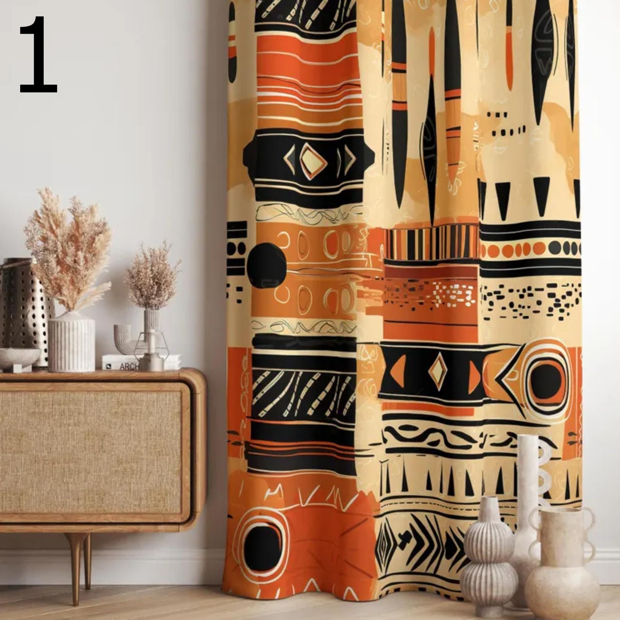 Tribal Boho Curtains, Ethnic Bogolan Pattern Drapes, African Inspired Window Panels, Rustic Bohemian Curtain for Living Room