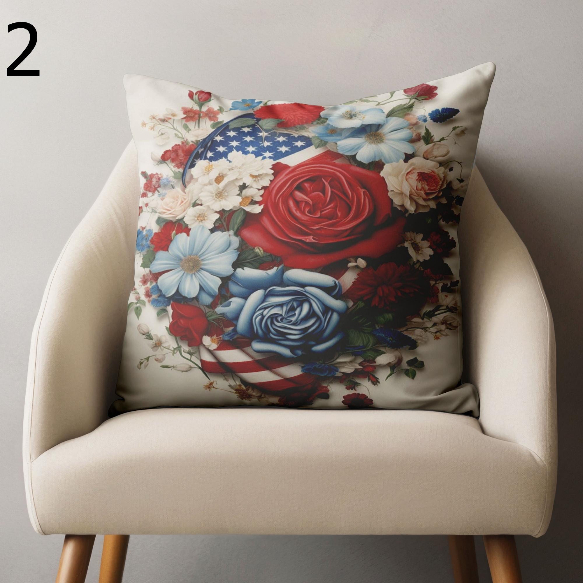 4th of July Outdoor Waterproof Pillow Covers, Patriotic Floral Indoor/Outdoor Throw Pillow Covers, Red White Blue Americana Cushion Cover