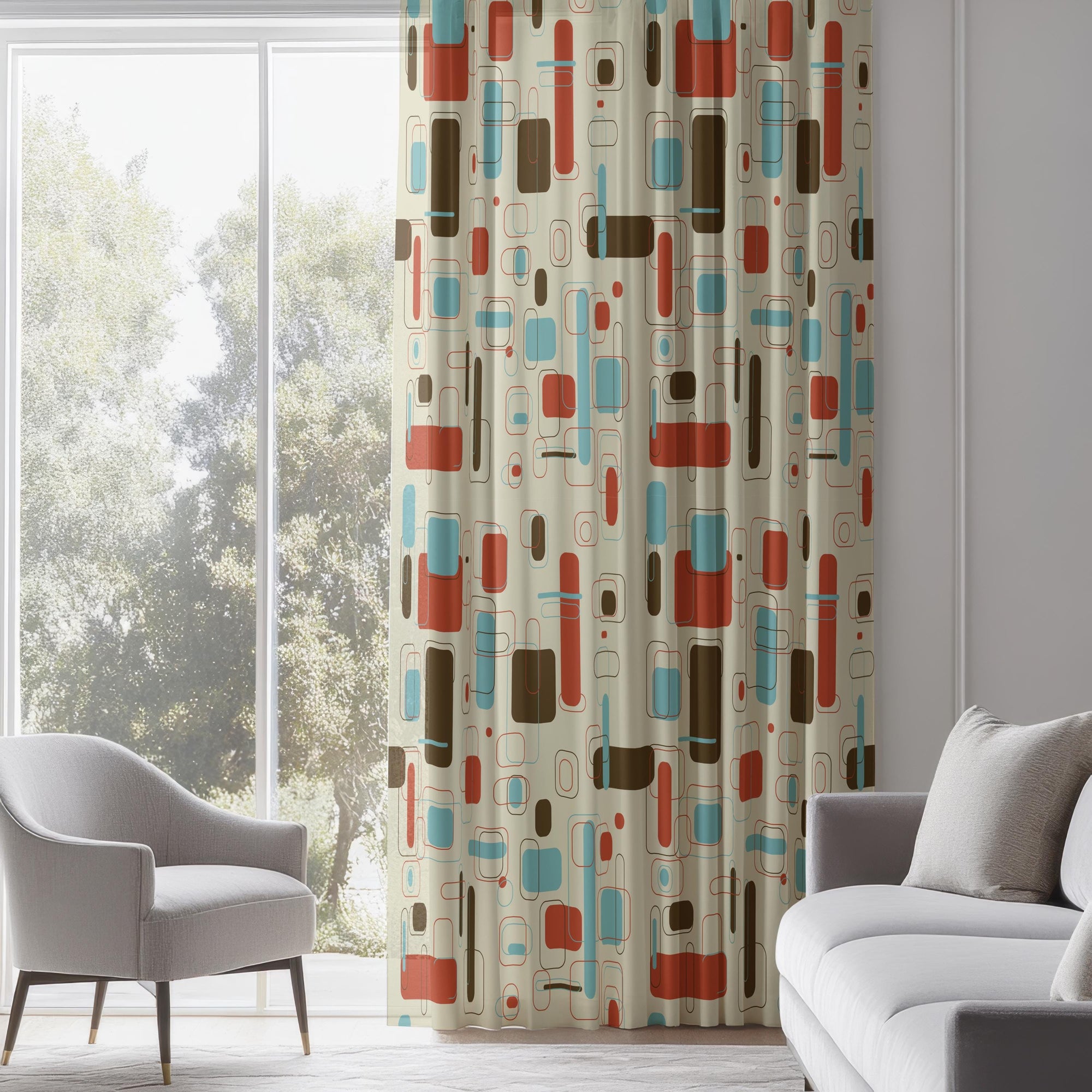 Retro Vintage Curtains, Mid Century Window Curtain, 50s 60s Retro Print Curtain Panels, MCM Curtains, 70s Retro Geometric Abstract Drapes