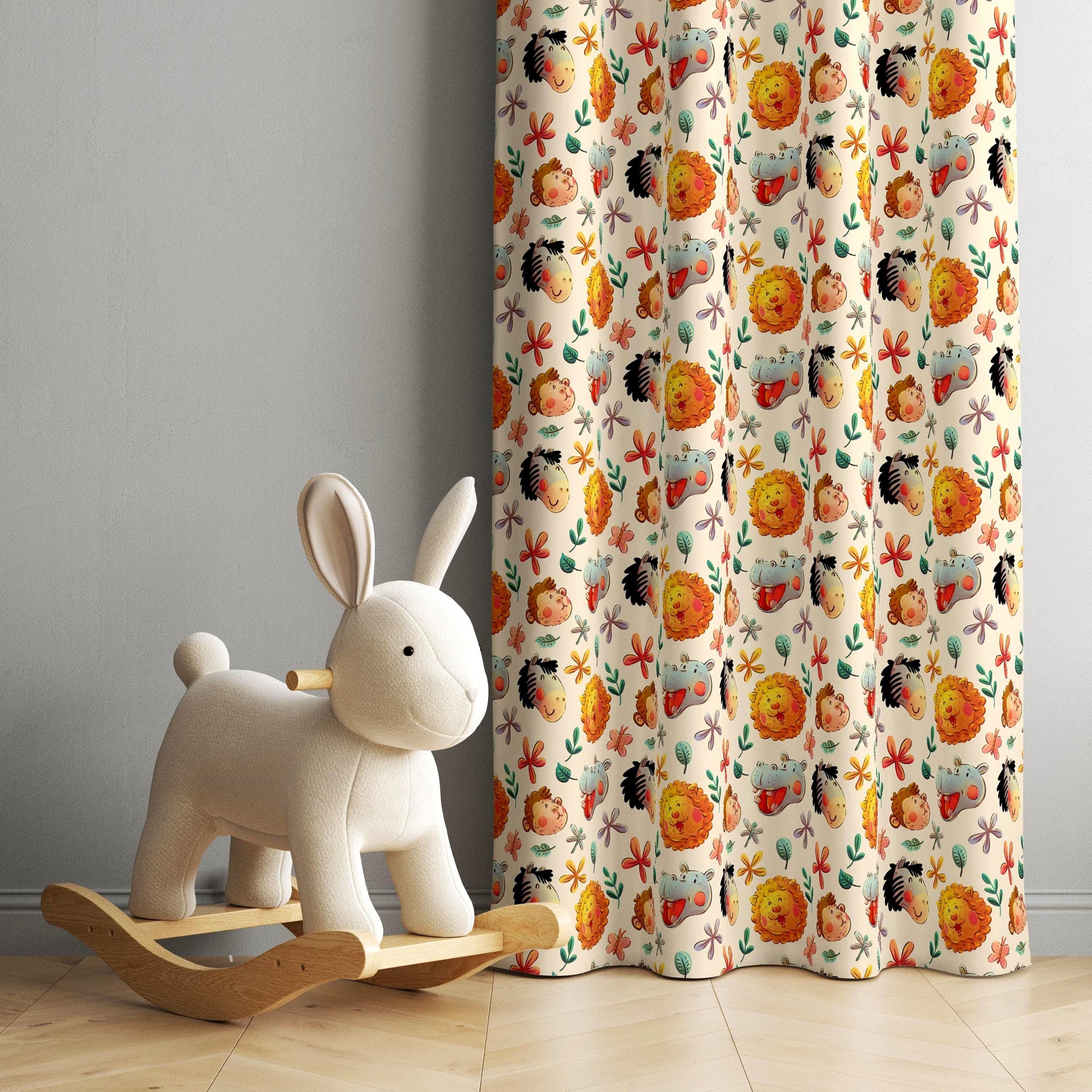 Cute Animals Print Curtain, Kids Room Drapes, Cute Safari Nursery Curtain, Cartoon Animal Art Window Curtain Panels, Toddler Print Drapes,