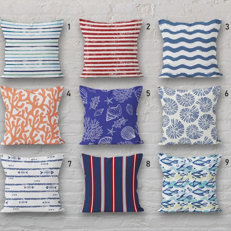 Coastal Pillow Covers, Waterproof Ocean Pillowcase, Beach House Indoor/Outdoor Home Decor, Sea Life Coral Reef and Fish Pillowcases