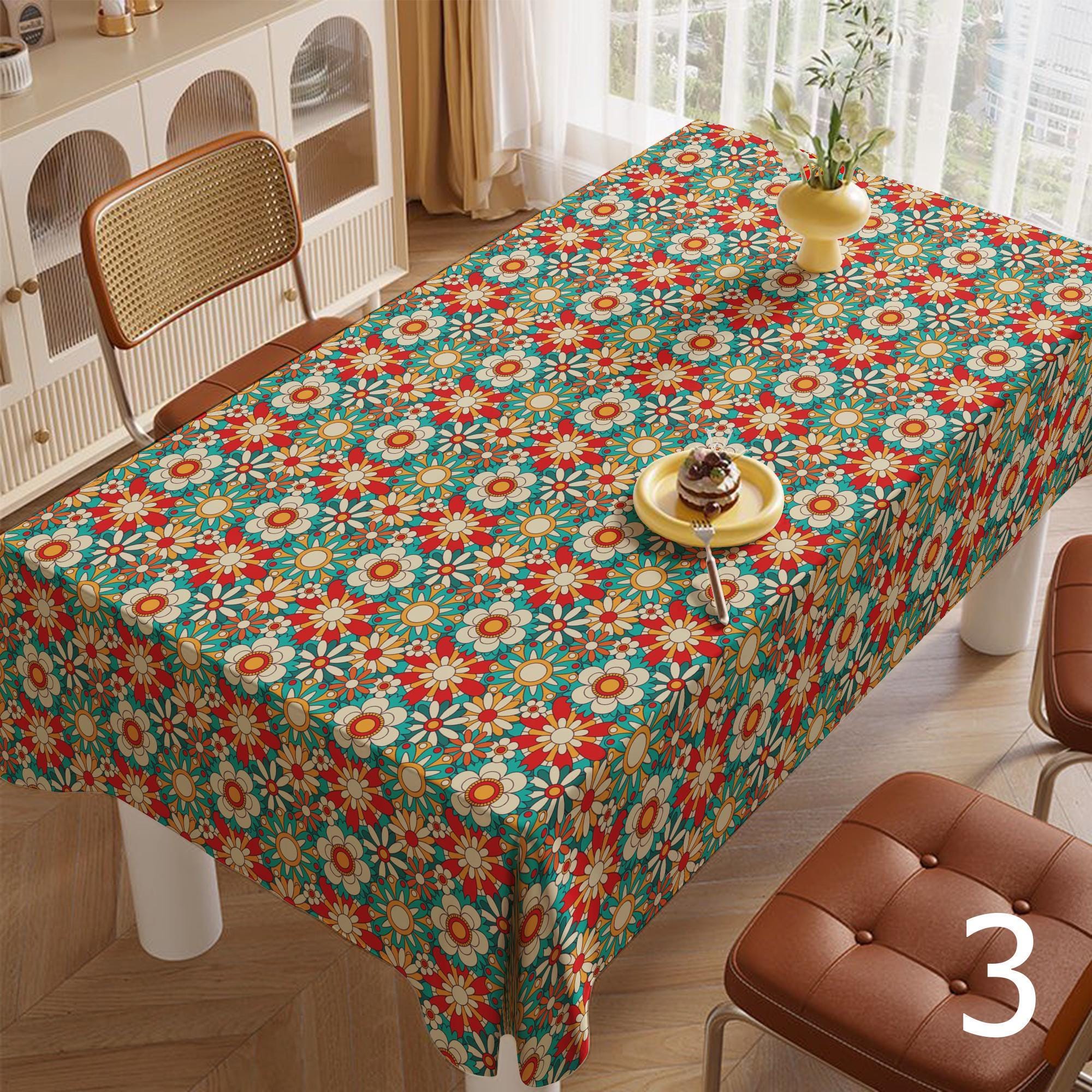 60s 70s Boho Floral Kitchen Table Linens, Retro Floral Tablecloths, Mid Century Flower Print Table Cloths, Retro Flower Table Cover,