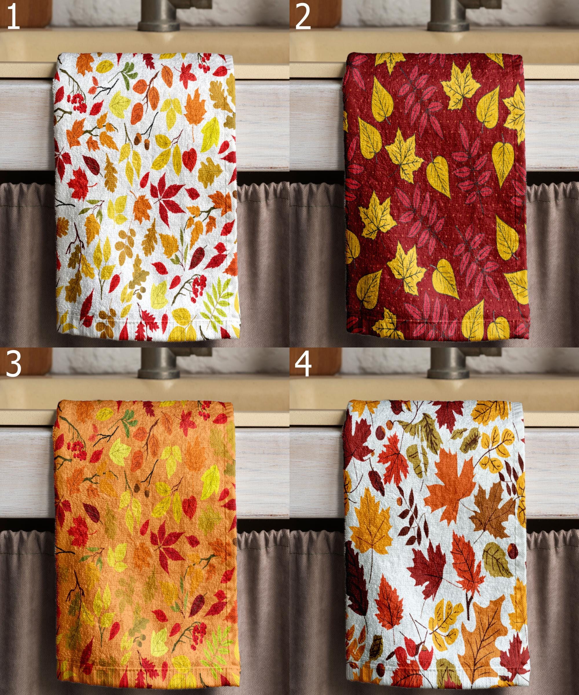 Fall Leaf Tea Towels, Autumn Kitchen Towels, Thanksgiving Dish Towels, Maple Leaf Towels, Rustic Fall Kitchen Decor, Seasonal Kitchen Towels