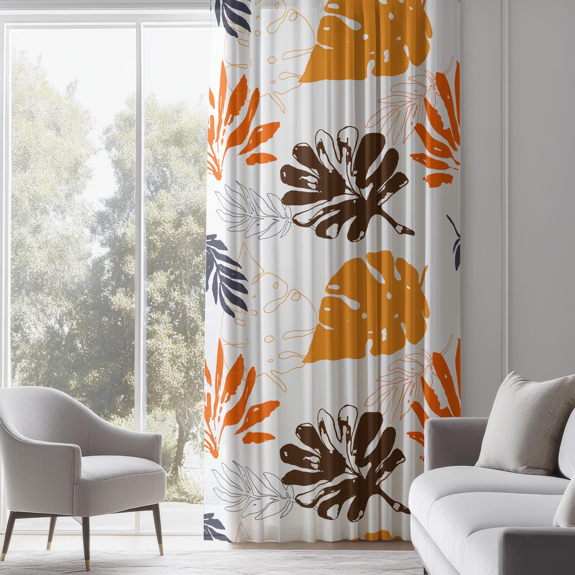 Bold Tropical Leaves Curtain, Orange Brown Monstera Print Window Panel for Fall Decor, Tropical Leaf Panels, Exotic Leaves Drapes
