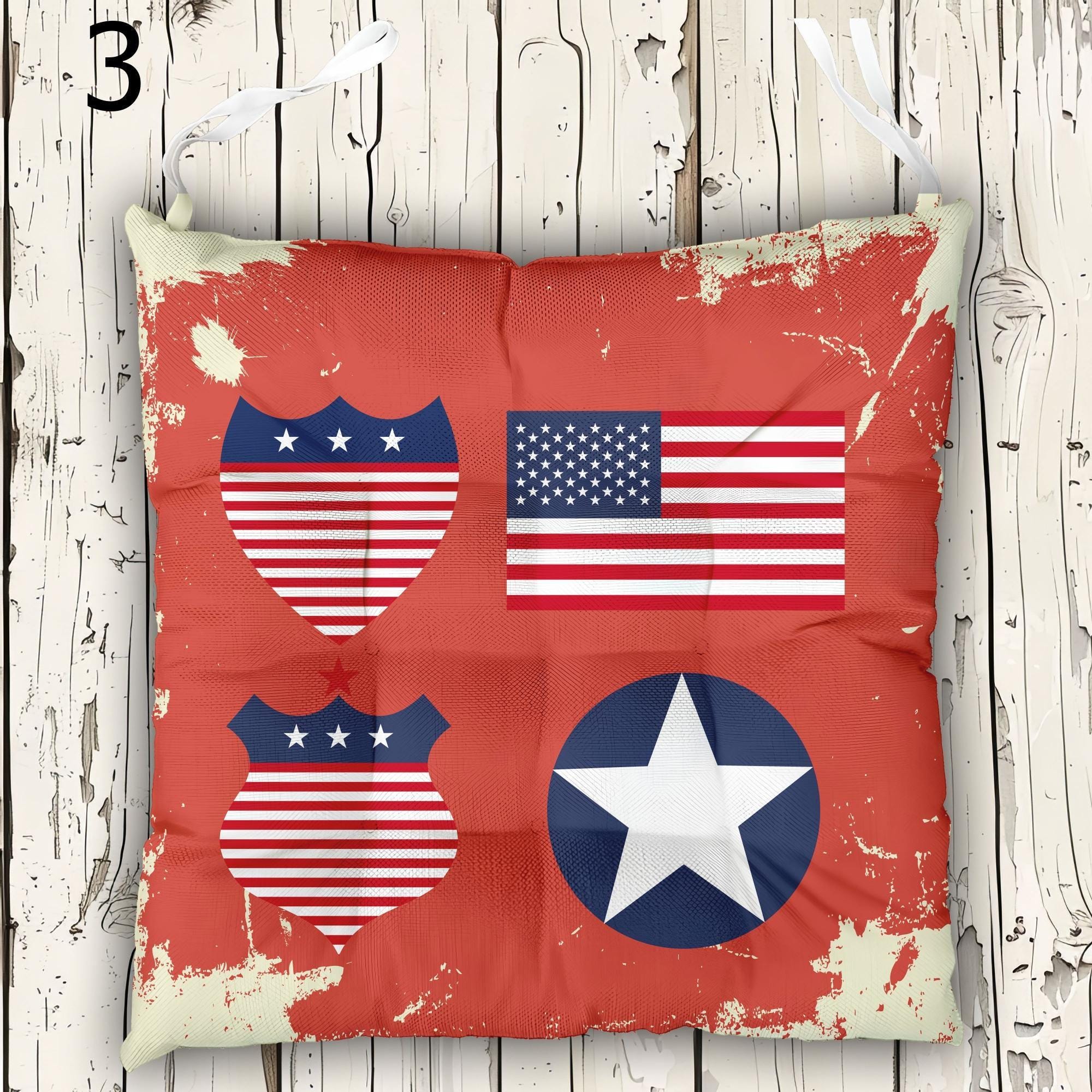 4th July Seat Pads, Independence Day Decor Chair Cushions, Patriotic Outdoor Indoor Chair Cushion With Ties, 4th July Tie-On Chair Pads