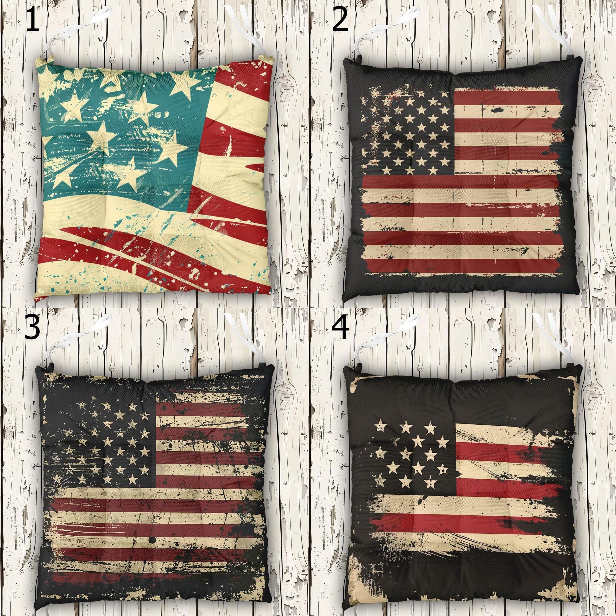 American Flag Chair Cushion With Ties, 4th July Patriotic Printed Seat Pads, Independence Day Chair Cushions, 4th July Tie-On Chair Pads