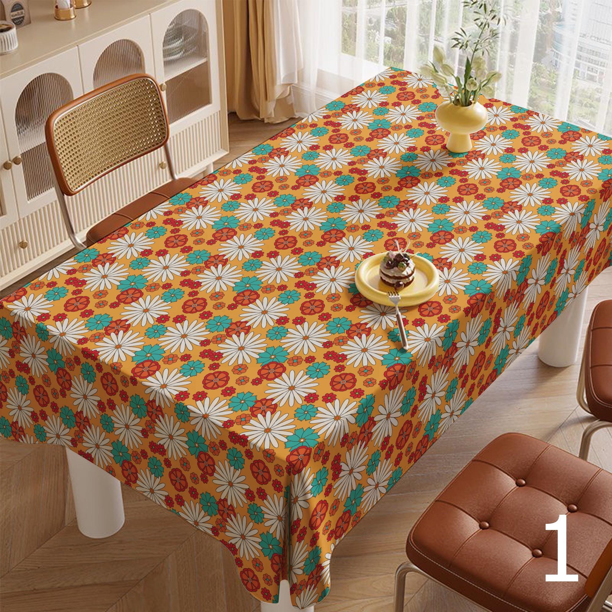 Retro Floral Tablecloths, Retro Flower Table Cover, 60s 70s Boho Floral Kitchen Table Linens, Mid Century Flower Print Table Cloths