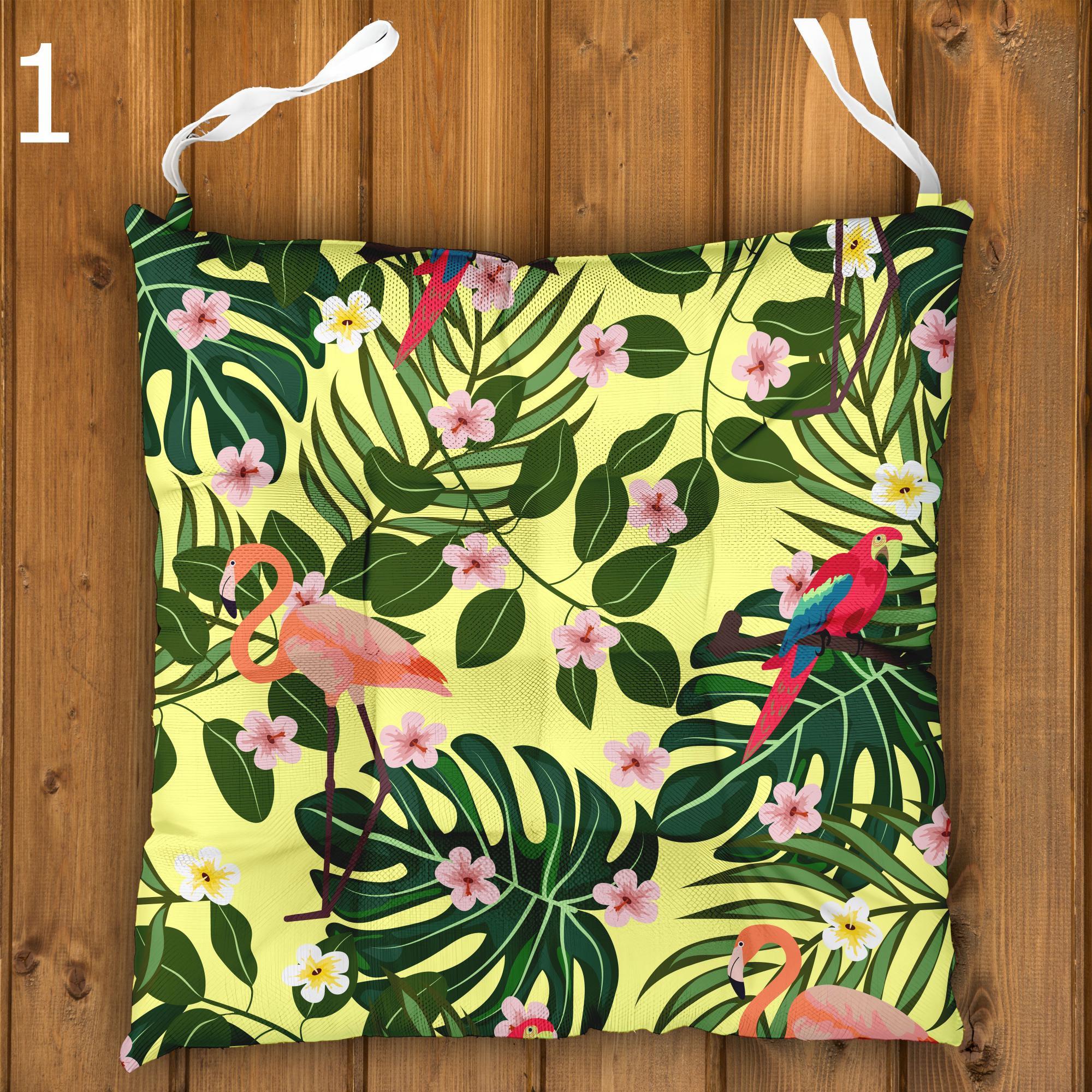 Tropical Chair Cushions, Parrot Seat Pads, Outdoor Patio Cushions, Leaf Print Chair Pads, Tropical Animals Seat Cushions