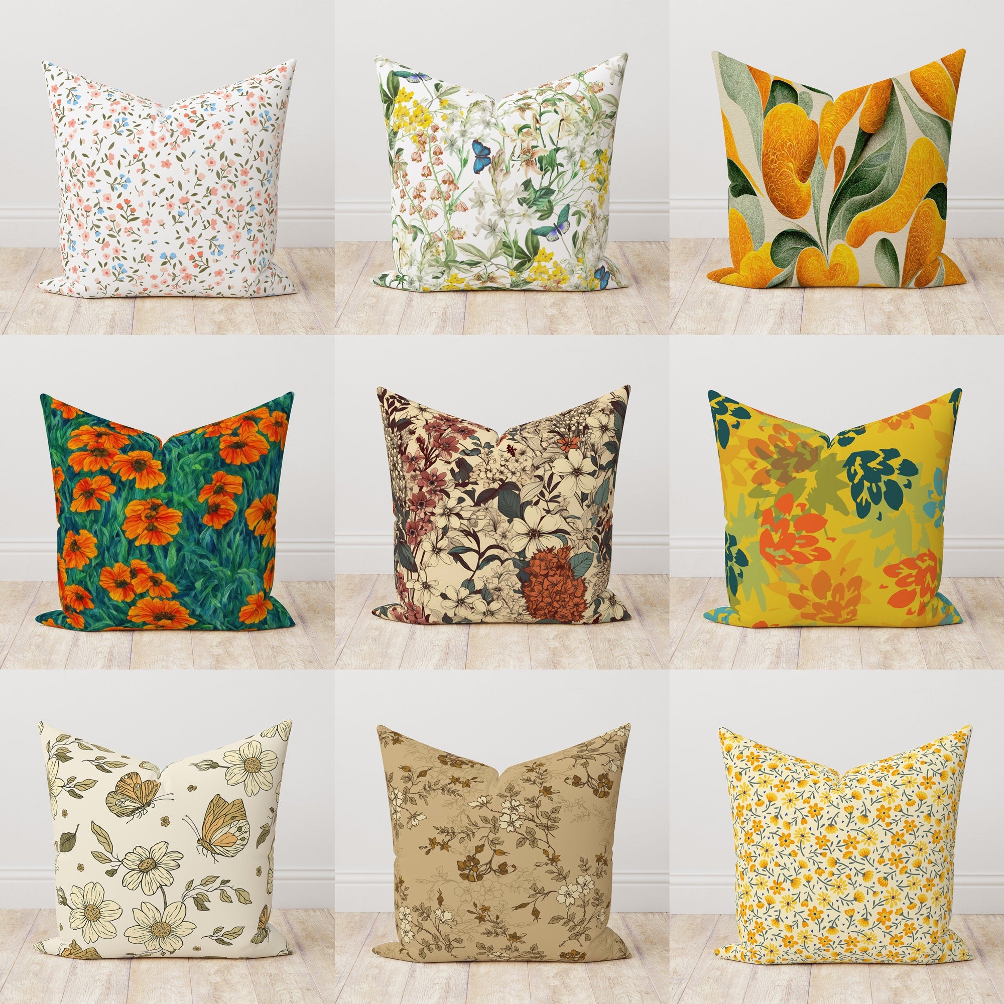 Modern Vintage Floral Throw Pillow Cover, Farmhouse Floral Boho Pillow Covers, Floral Pillow Cover, Yellow Floral Cushion Cover