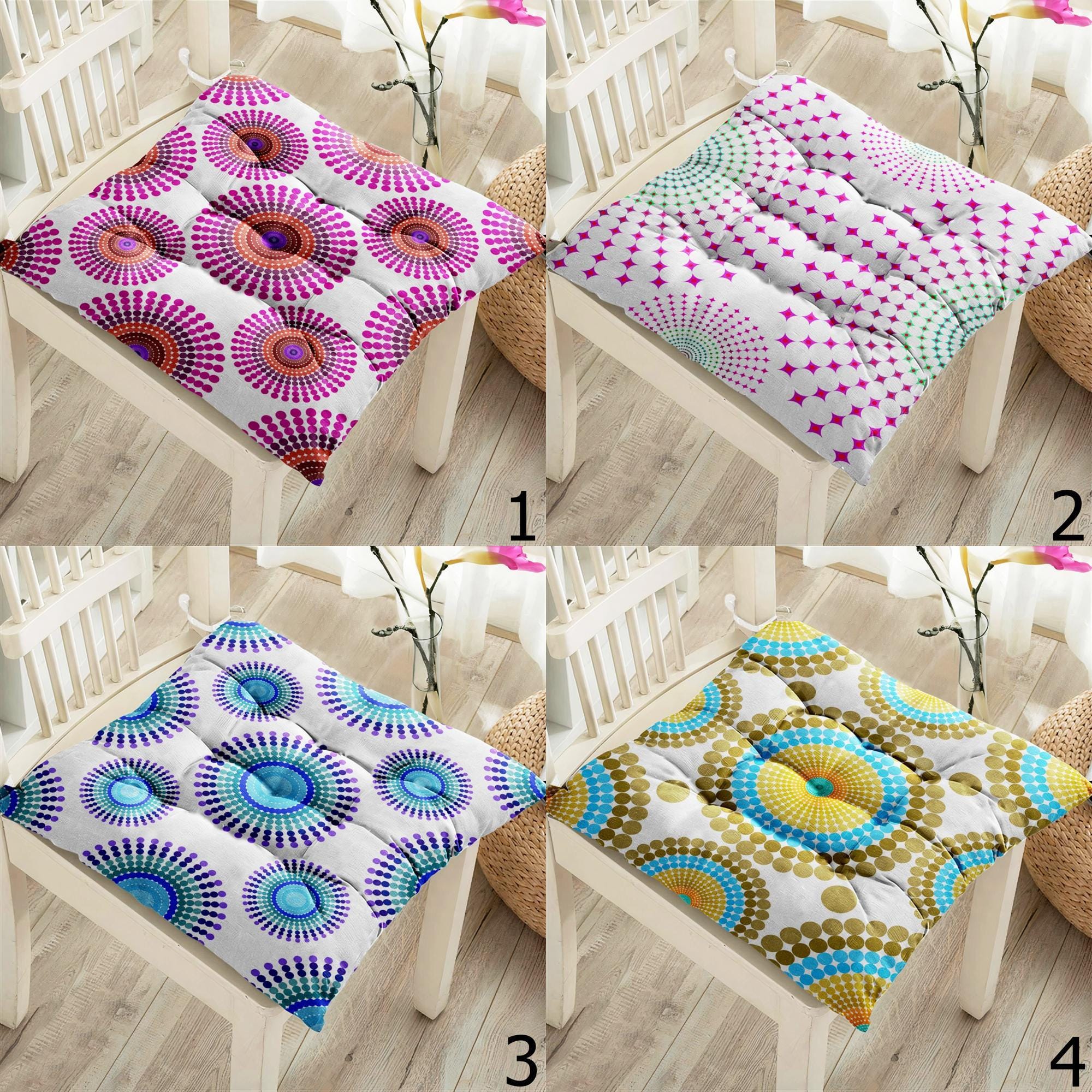 Colorful Mandala Chair Cushions, Round Geometric Seat Pads, Boho Style Chair Pads, Indoor Outdoor Seating Pillows