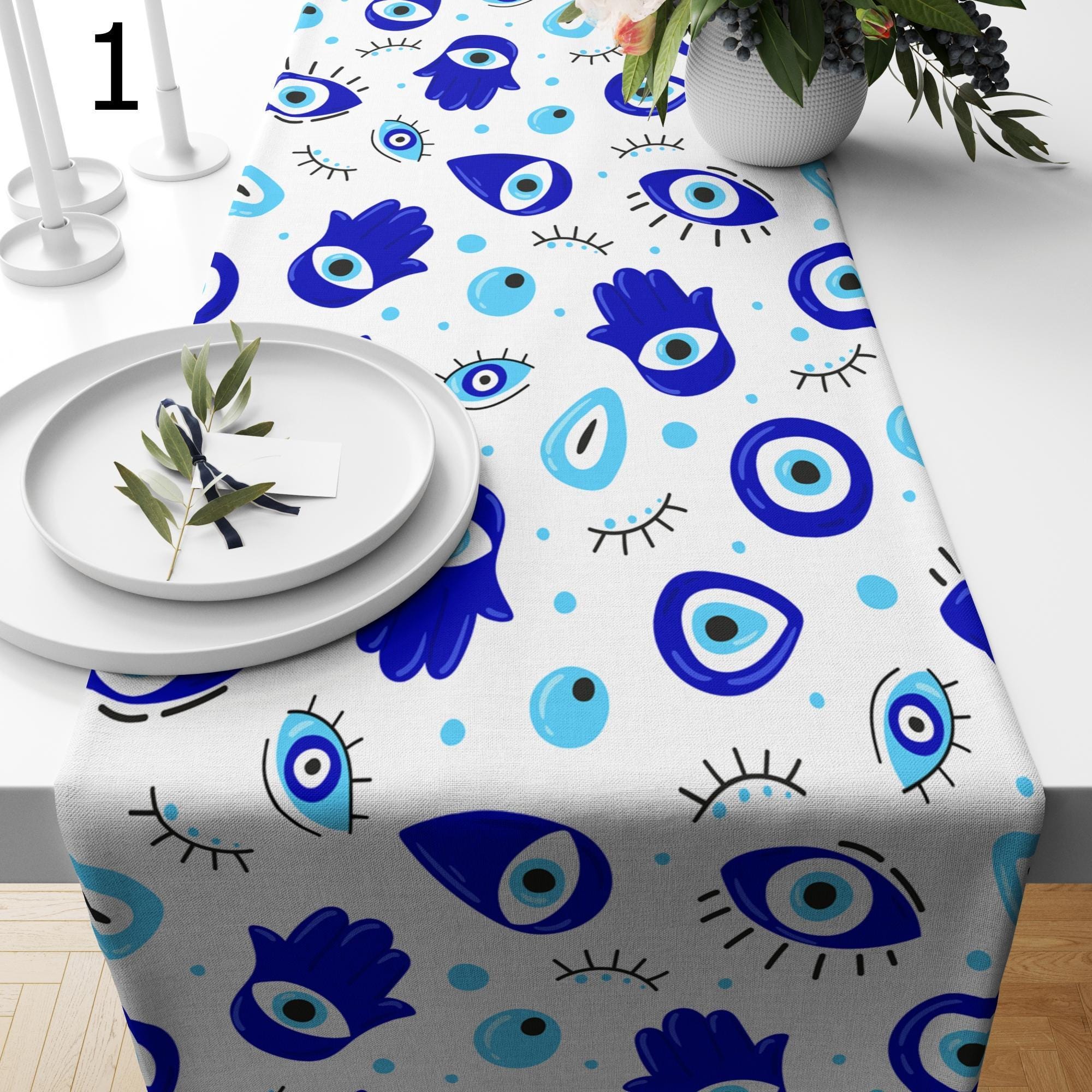 Blue Evil Eye Style Table Runner, Eye Bead Table Runner, Blue Good Luck Table Runners, Eyes Table Runner, Evil Eye Table Decor Runners