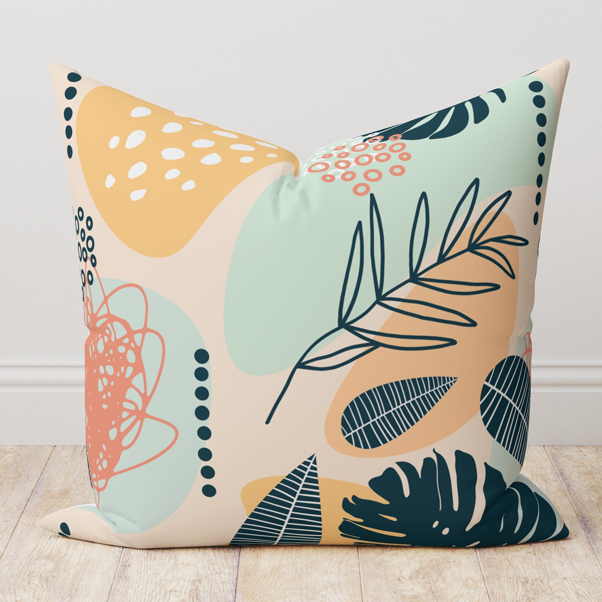 Botanical Leaf Pillow Cover, Modern Vintage Tropical Pillowcase, Colorful Tropical Leaf Cushion Cover, Exotic Leaves Pillow Cover