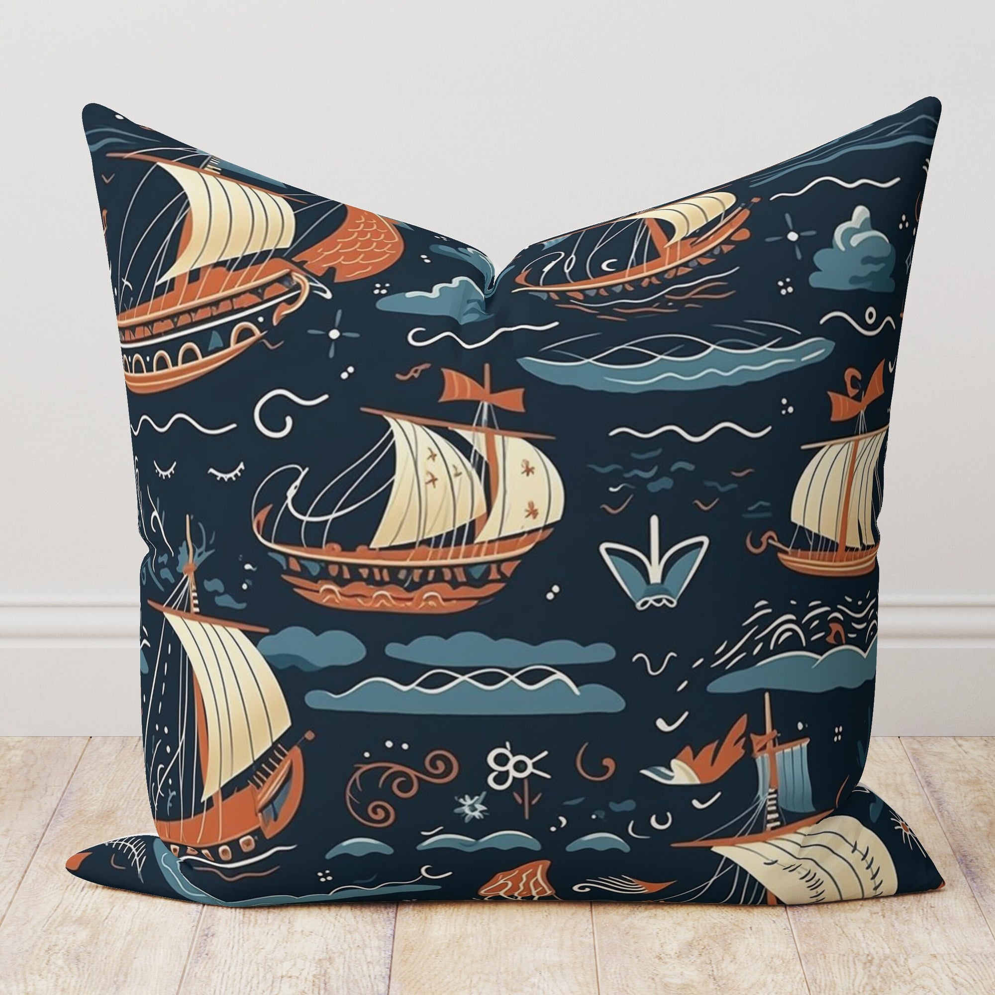 Nautical Pillow Covers, Vintage Sailor Cushion Cover, Sailing Ships Throw Pillow Covers, Marine Pillow Covers, Beach House Pillowcases