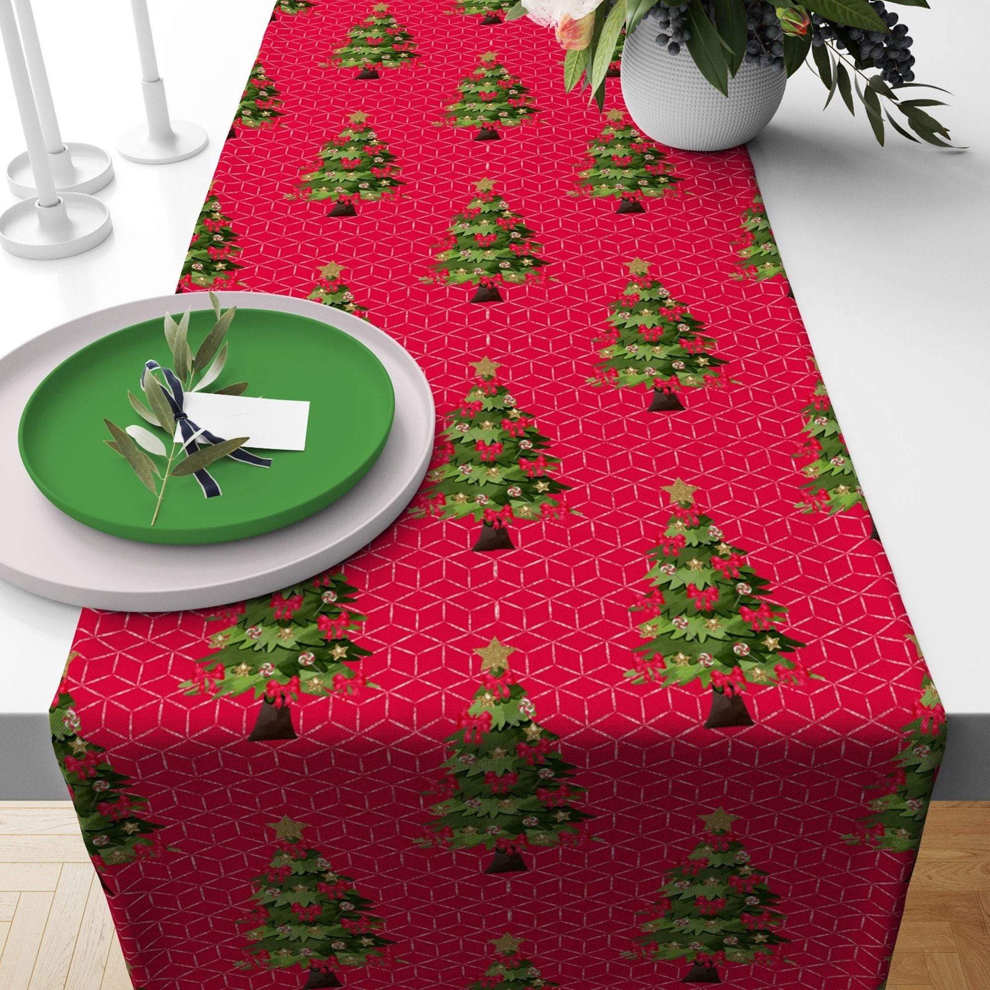 Christmas Table Runner, Holly Pine Tree Table Runner, Xmas Table Runner, Christmas Party Table Runner, Christmas Gift, Christmas Table