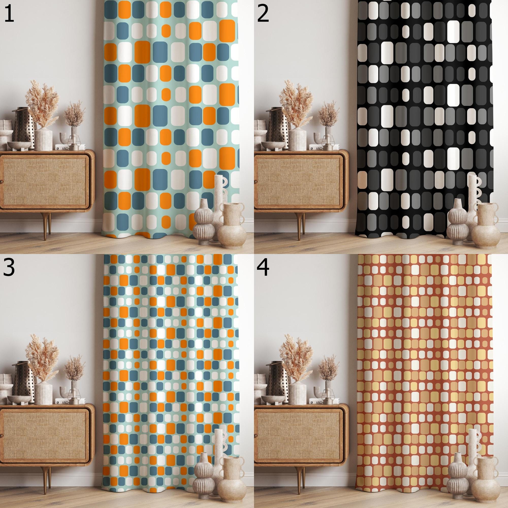 Retro Geometric Curtains, Mid Century Modern Drapes, Colorful Window Panels, Vintage Style Curtain,