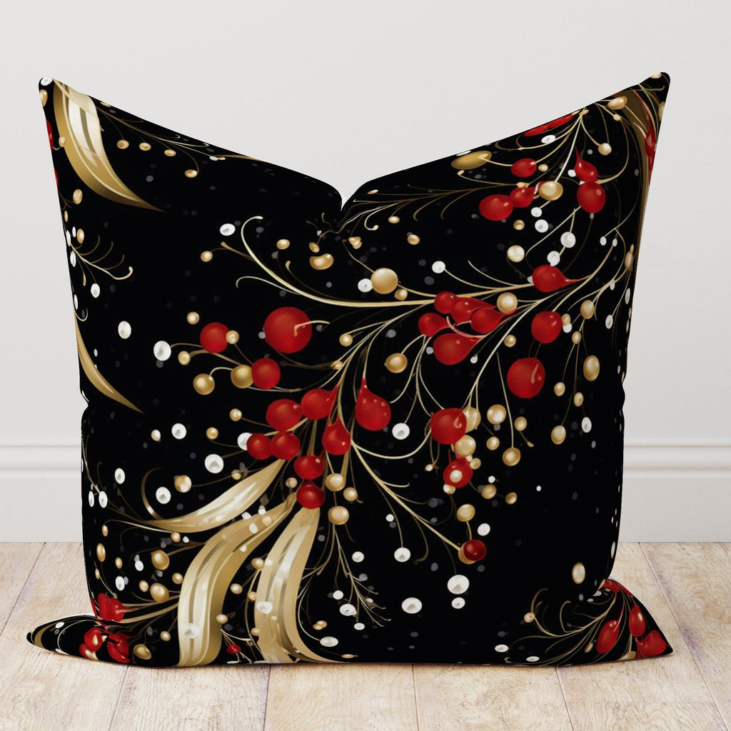 Holly Red Berry Flowers Pillow Cover, Christmas Pine Berry Cushion Cover, Floral Red Berries and Leaves Pillow Cover, Christmas Berry Pillow