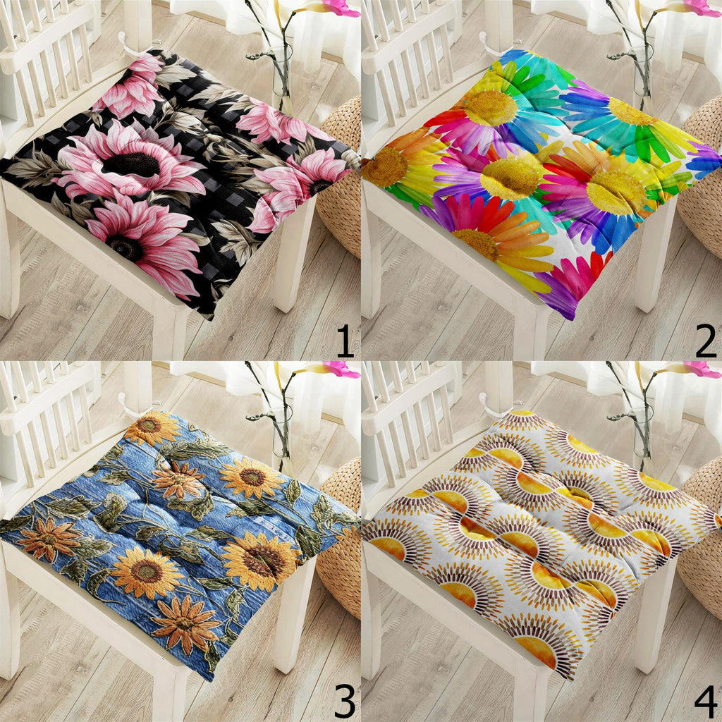 Floral Chair Pads, Sunflower & Daisy Seat Cushions, Colorful Flower Kitchen Patio Pillows, Multicolored Floral Chair Cushions