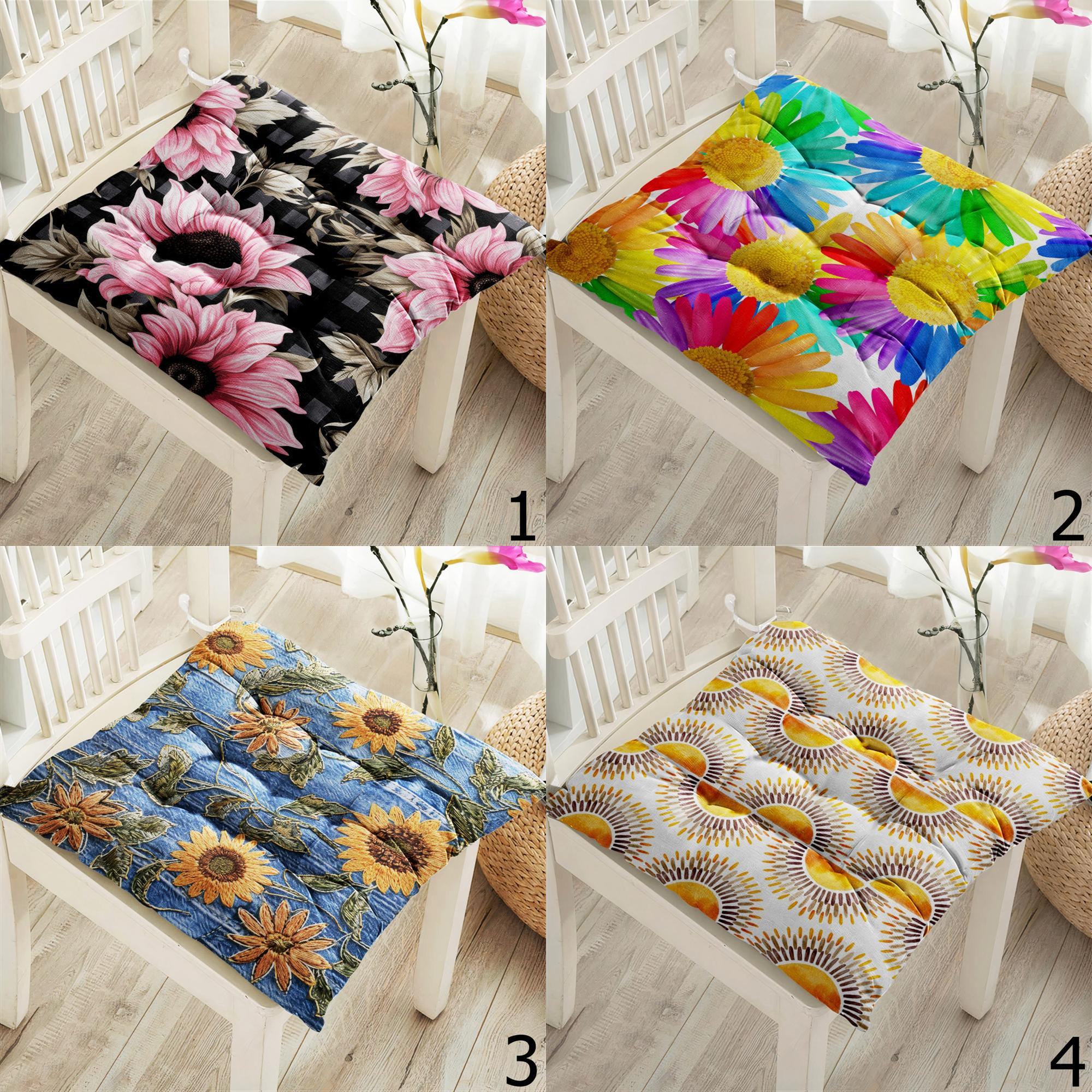 Floral Chair Pads, Sunflower & Daisy Seat Cushions, Colorful Flower Kitchen Patio Pillows, Multicolored Floral Chair Cushions