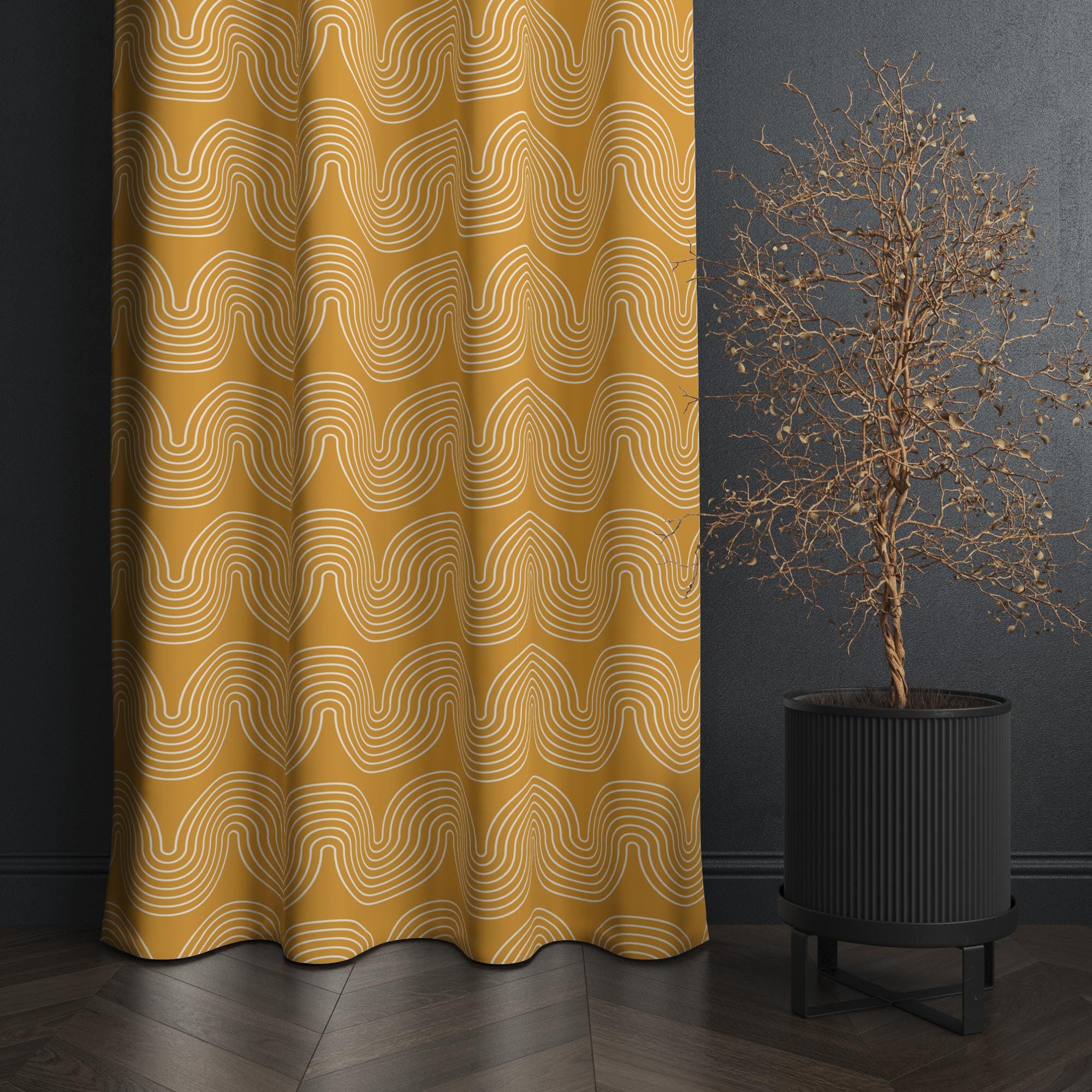 70s Retro Curtains, Retro Wavy Curtain Panels, Mid Century Modern Window Curtain, 80s Psychedelic Wave Drapes, MCM Mustard Curtains