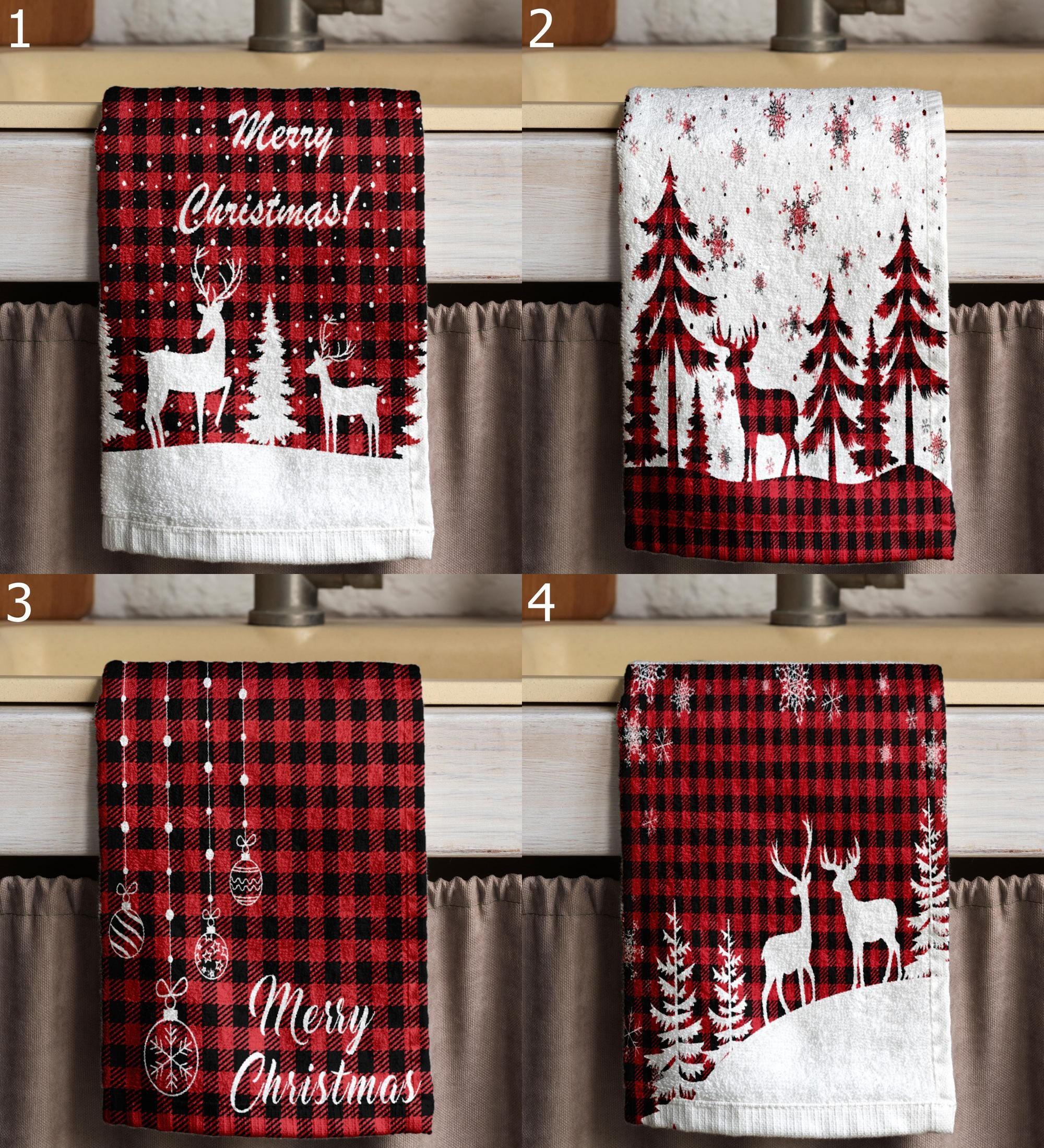 Christmas Plaid Towels, Xmas Winter Tea Towel, Buffalo Plaid Print Hand Towels, Christmas Tree Tea Towels, Red Xmas Plaid Kitchen Towels