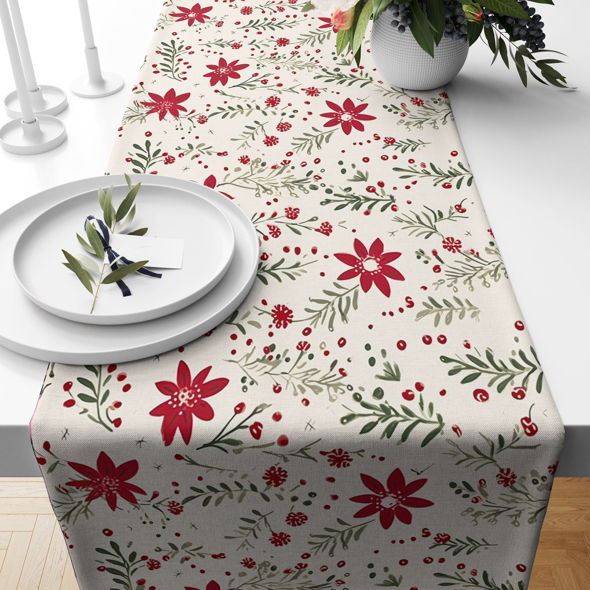 Christmas Berry Table Runner, Holly Pine  Berry Table Runner, Xmas  Berry Table Runner, Christmas Party Berry Table Runner