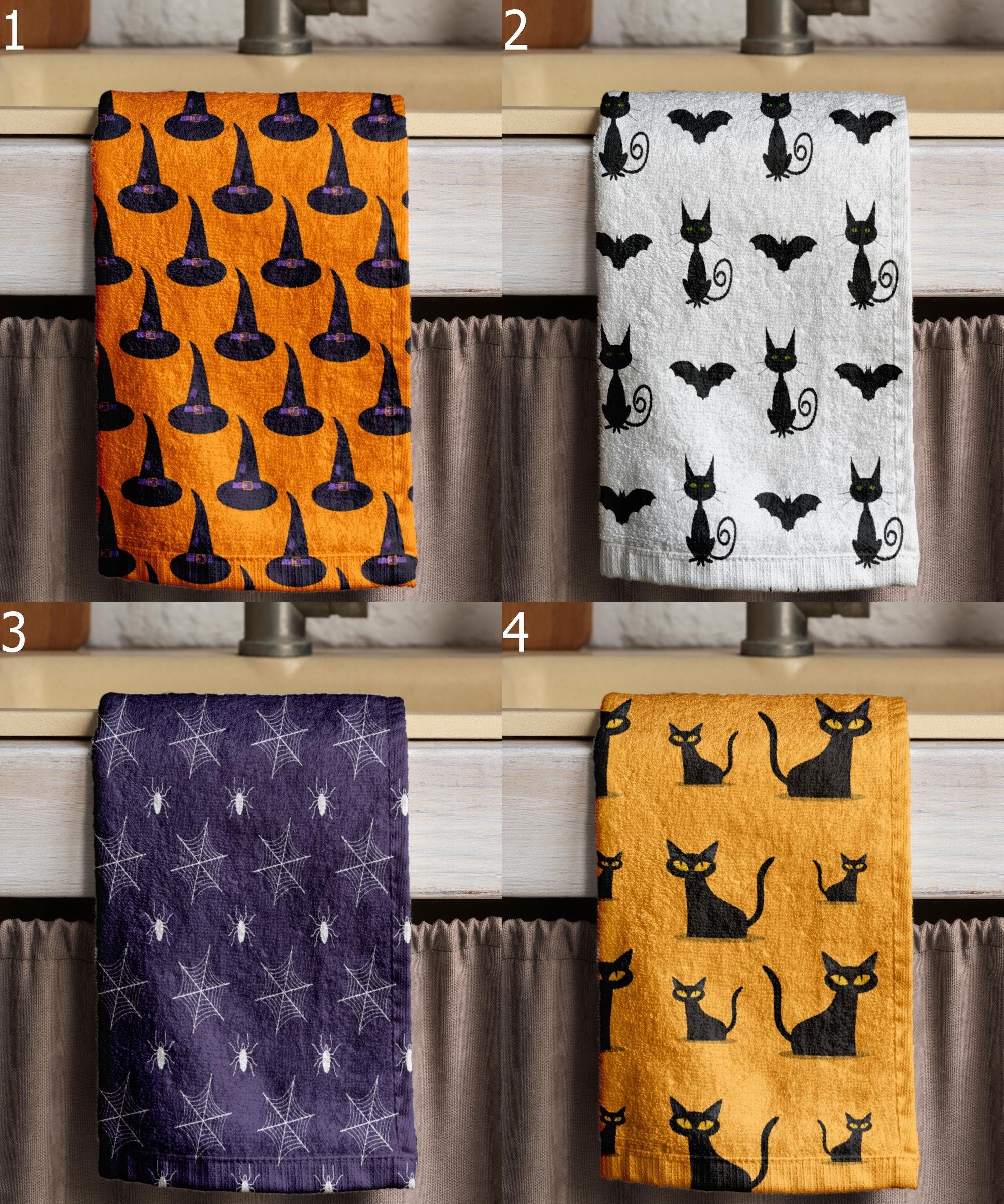 Halloween Tea Towels, Halloween Cute Dish Towel, Fall Hand Towel, Orange Halloween Print Kitchen Towels, Halloween Kitchen Decor