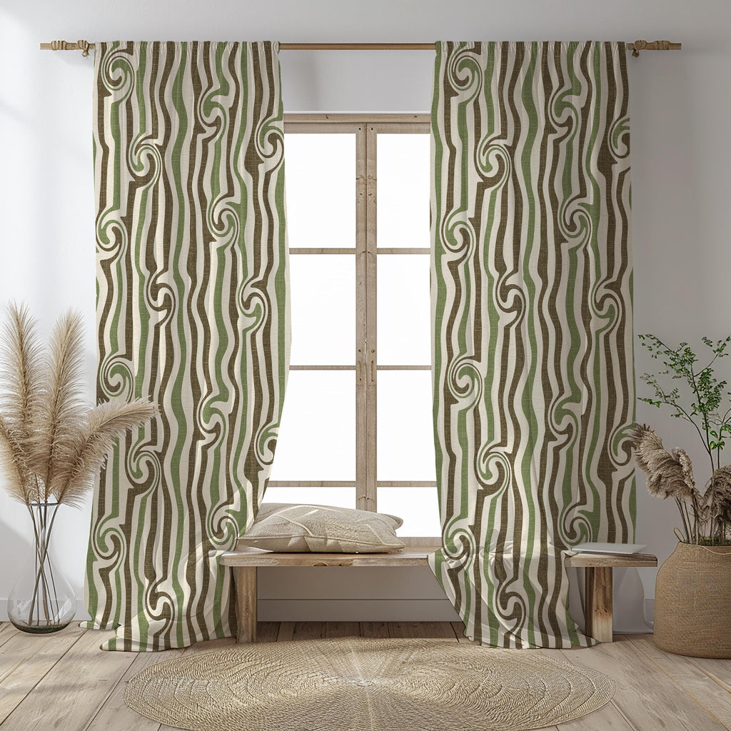 Wavy Retro Curtain Panel, Olive Green Boho Drapes, Modern Abstract Window Panels, Earthy Mid Century Style Curtain