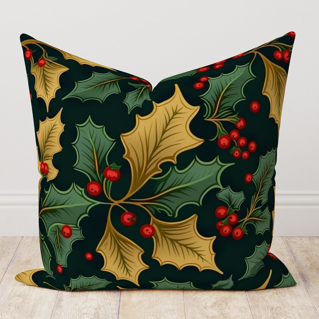 Holly Red Berry Flowers Pillow Cover, Christmas Pine Berry Cushion Cover, Floral Red Berries and Leaves Pillow Cover, Christmas Berry Pillow