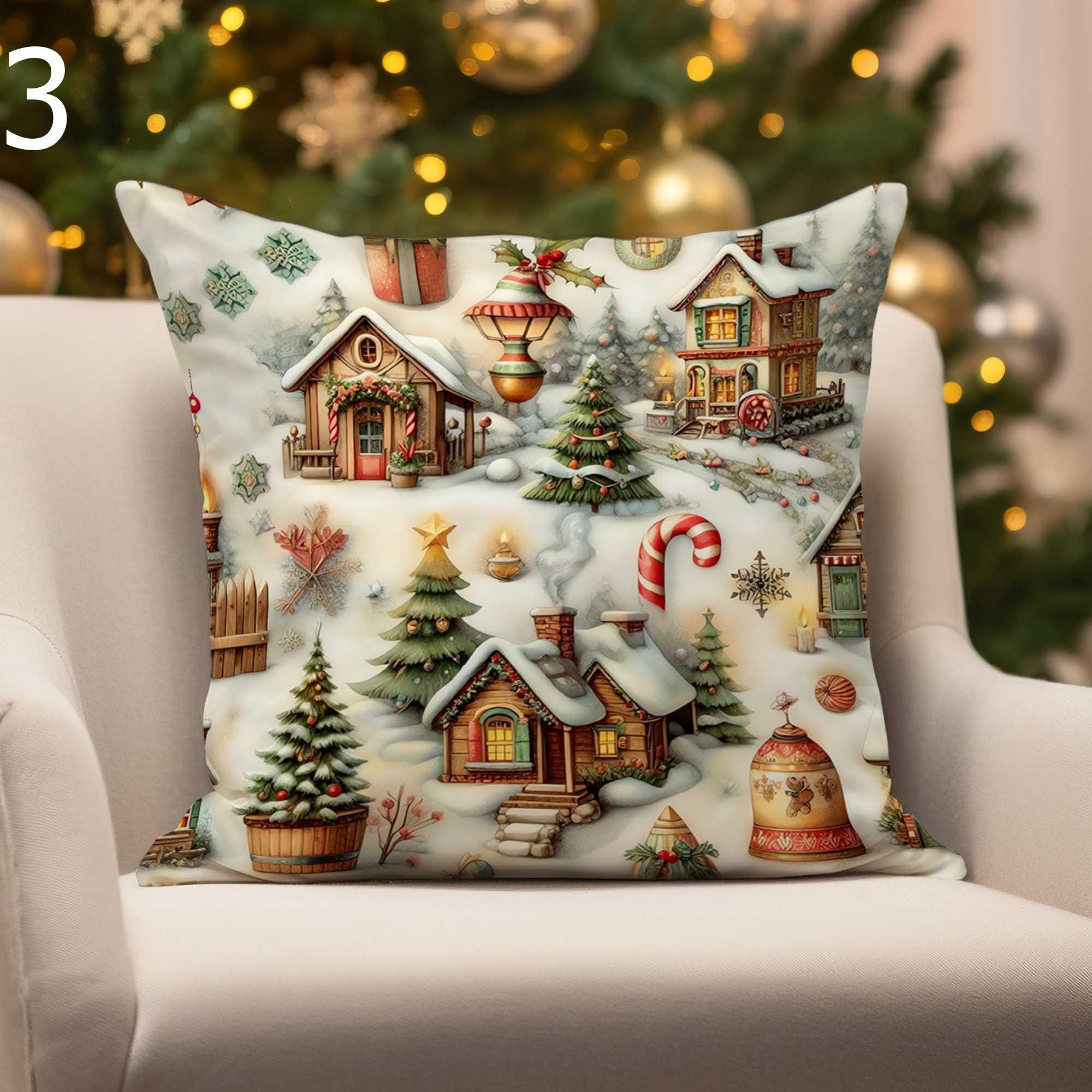 Christmas Deer and Santa Claus Decor Cushion Cover, Christmas Candy Stick Pillowcase,  Xmas Ornaments Cushion Cover, Xmas Throw Pillow Cover