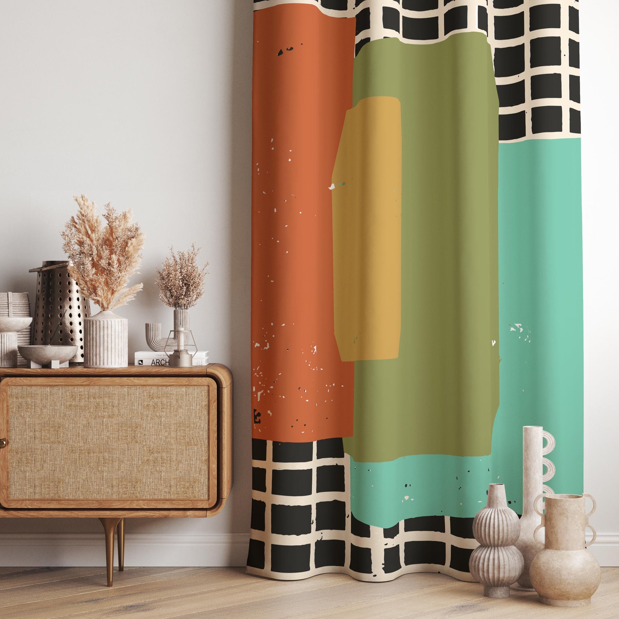 Retro Geometric Abstract Curtains, Retro Modern Art Print Drapes, Mid Century Window Curtains, 70s Retro Boho Curtains, MCM Grommet Curtain