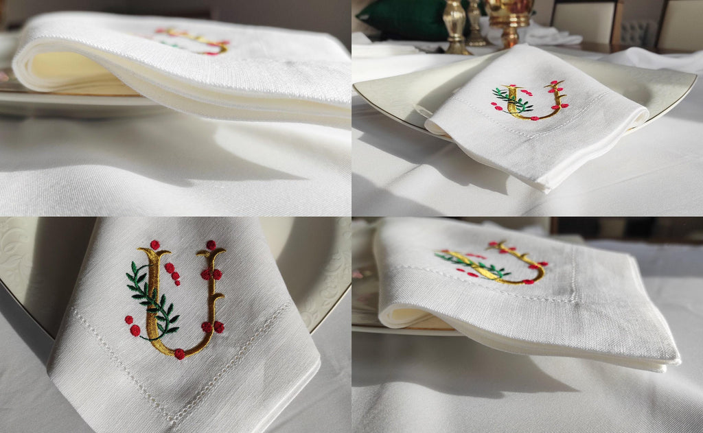 Christmas Monogrammed Napkins, Personalized Xmas Linen Napkins, Holly Monogrammed Linen Napkins, Christmas Custom Misletoe Linen Napkins