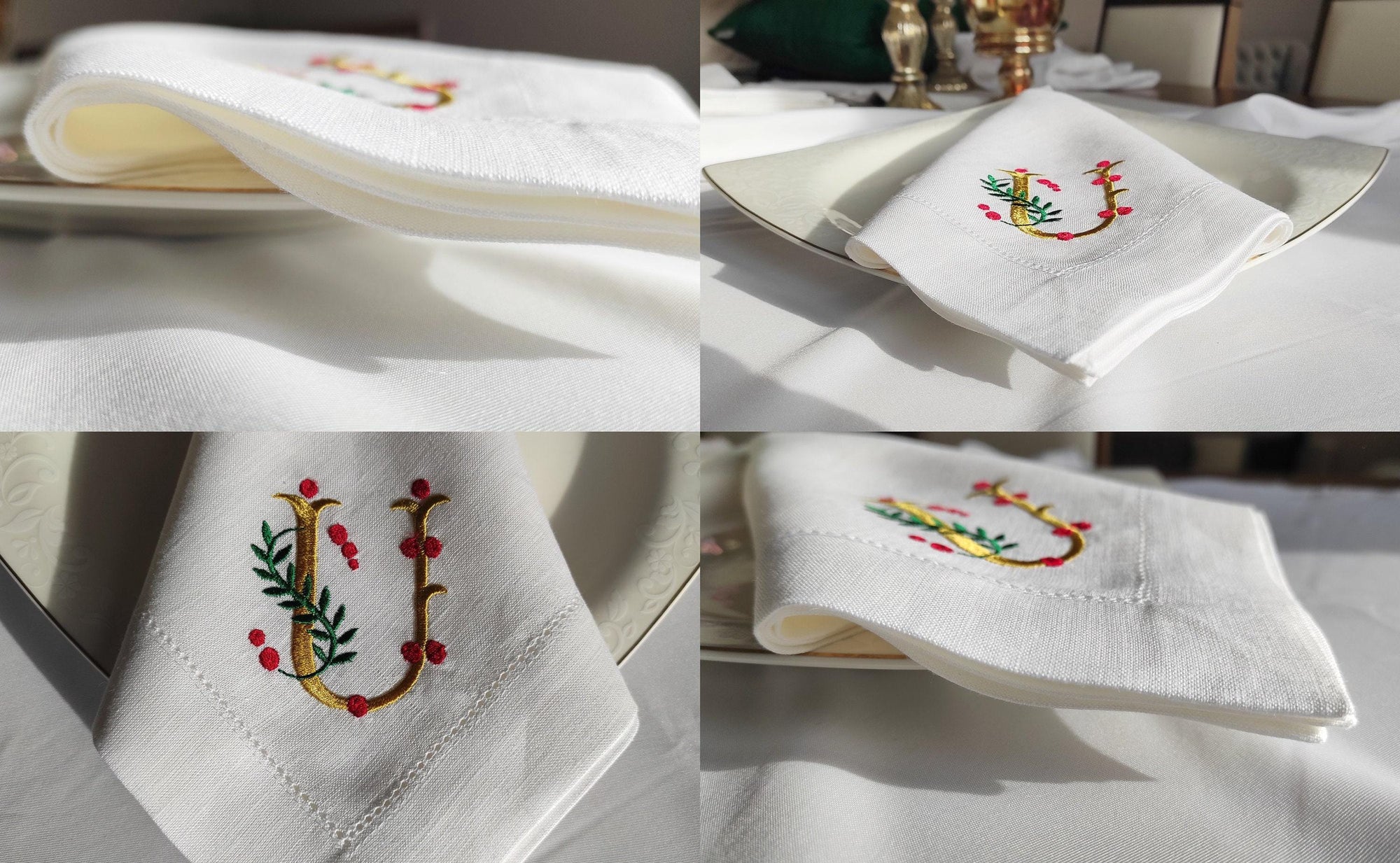 Christmas Monogrammed Napkins, Personalized Xmas Linen Napkins, Holly Monogrammed Linen Napkins, Christmas Custom Misletoe Linen Napkins