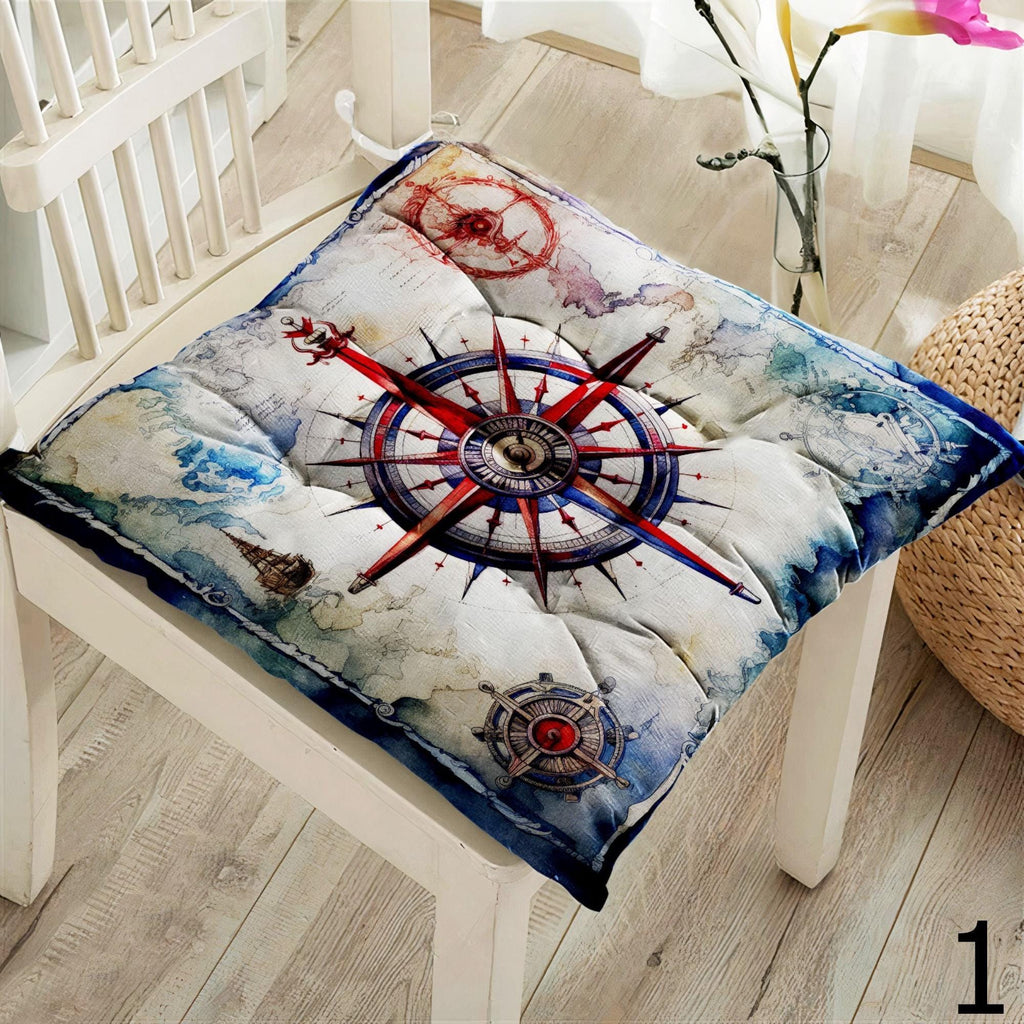 Nautical Square Chair Pad, Ocean Chair Cushion with Ties, Marine Chair Pads with Ties, Coastal Patio Chair Cushions, Summer Chair Cushions
